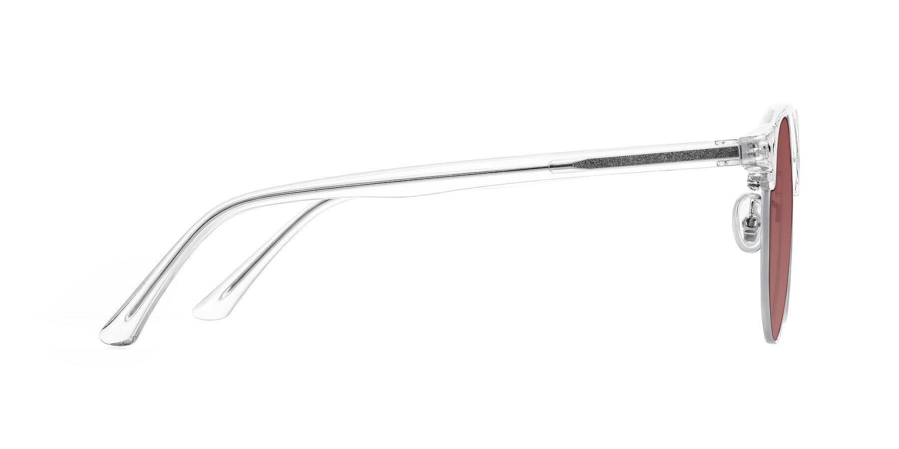 Side of Karnes in Clear/Silver with Garnet Tinted Lenses