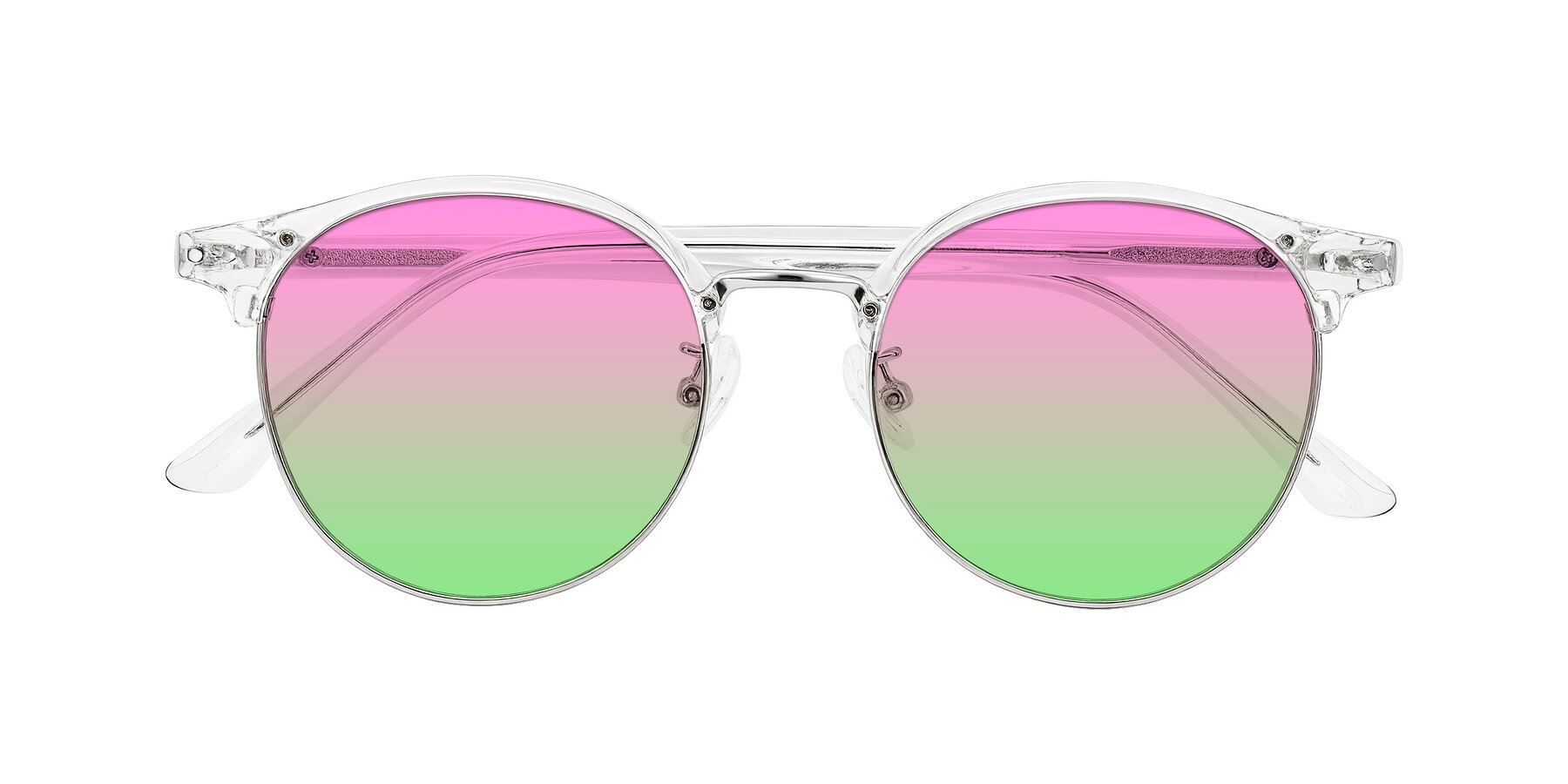 Folded Front of Karnes in Clear/Silver with Pink / Green Gradient Lenses