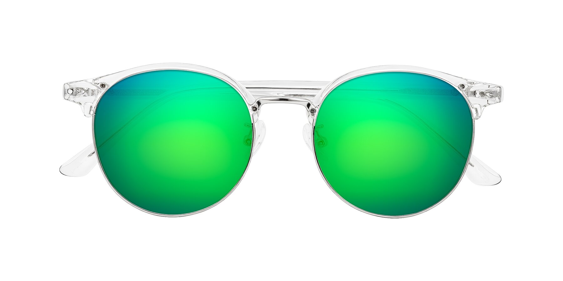 Folded Front of Karnes in Clear/Silver with Green Mirrored Lenses