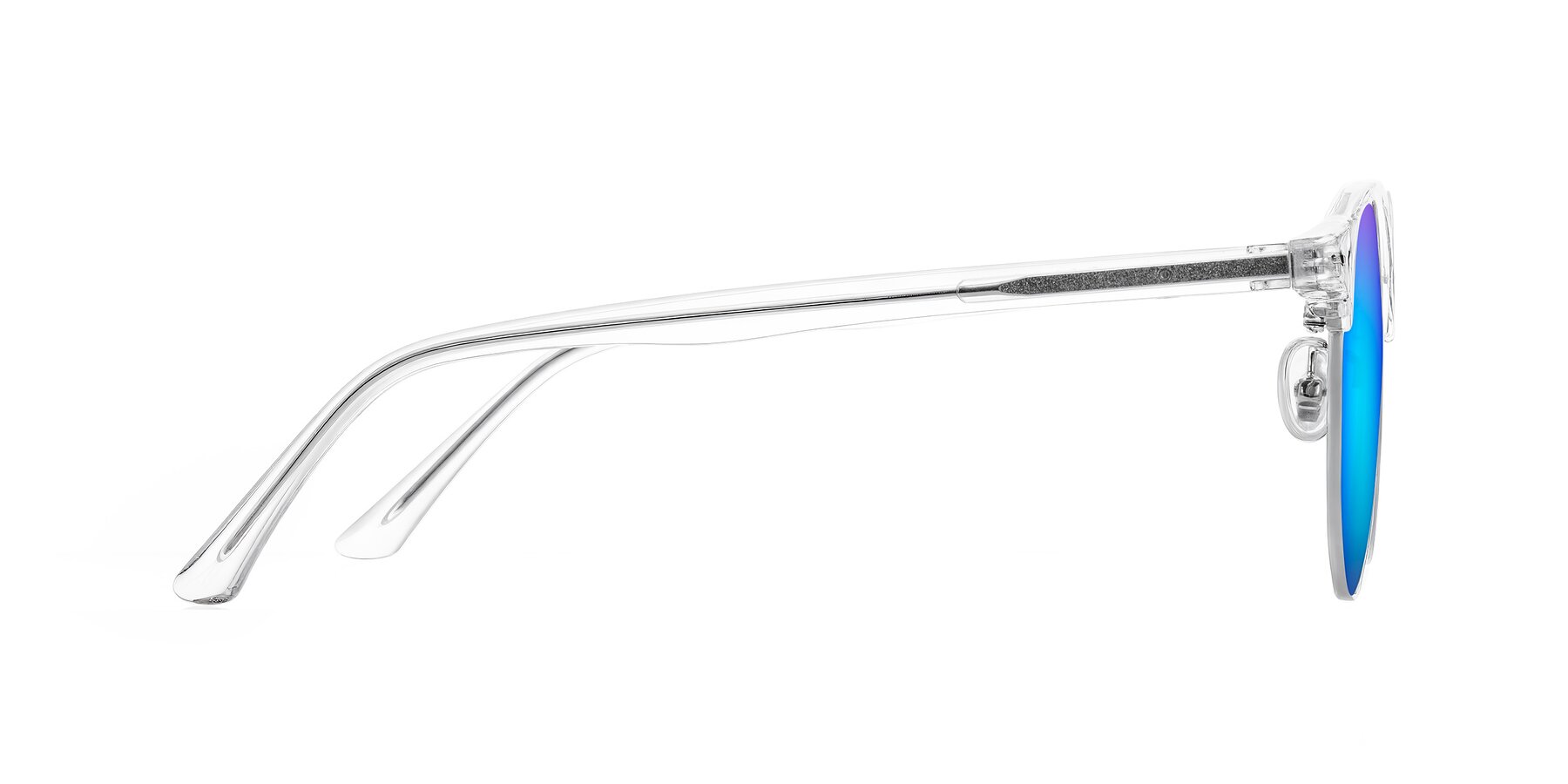 Side of Karnes in Clear/Silver with Blue Mirrored Lenses