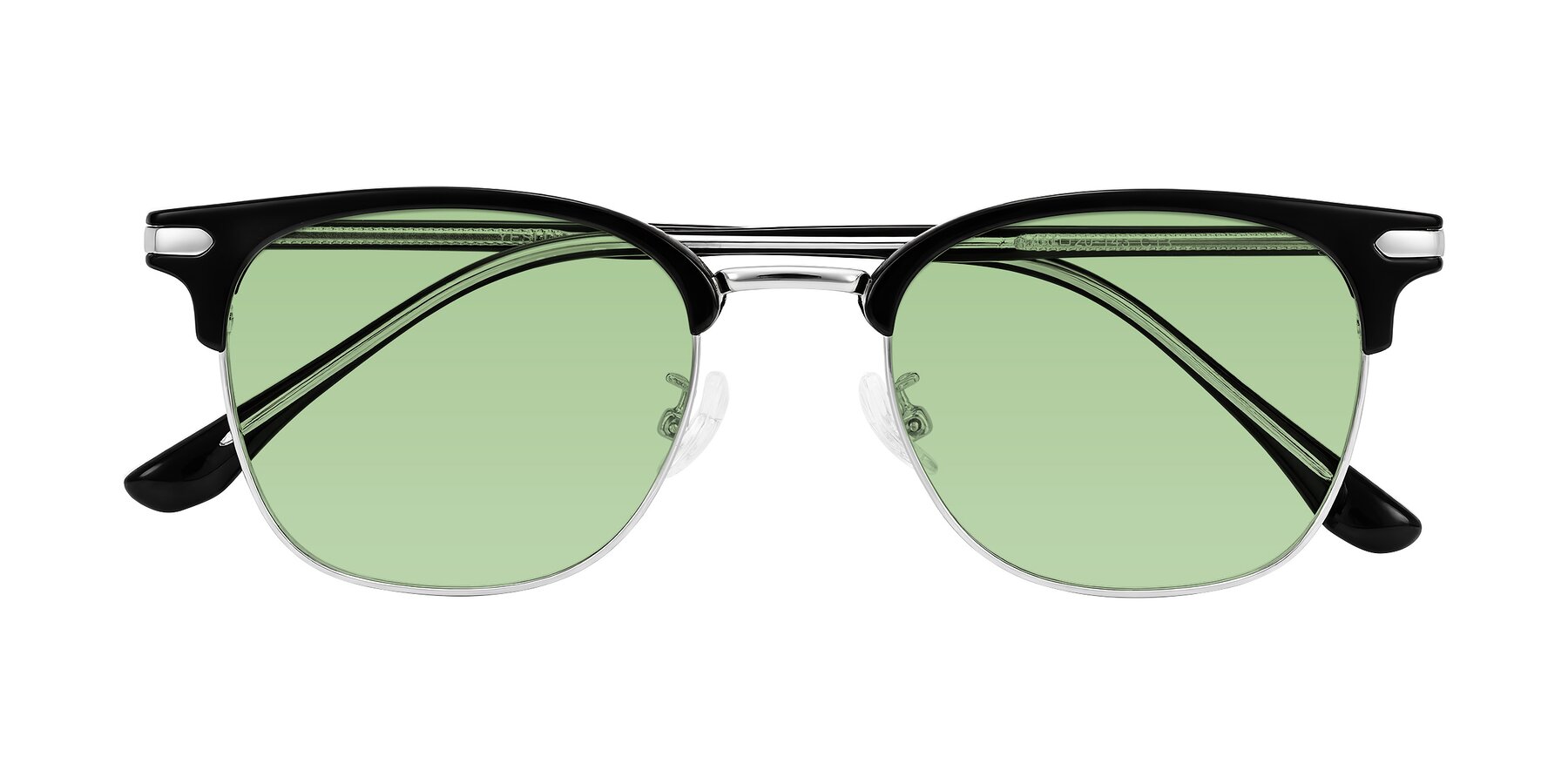 Folded Front of Raguti in Black/Silver with Medium Green Tinted Lenses
