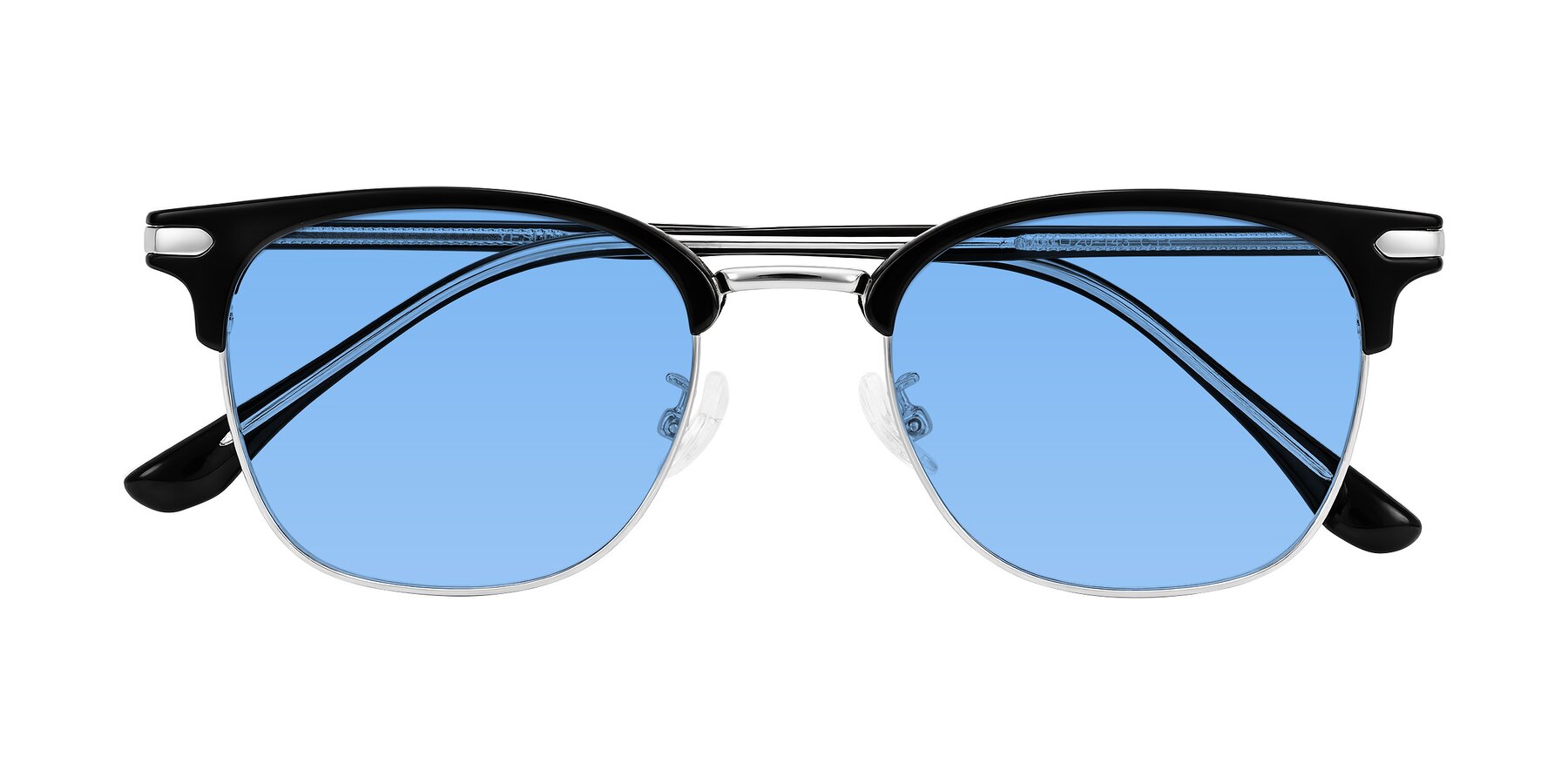 Folded Front of Raguti in Black/Silver with Medium Blue Tinted Lenses