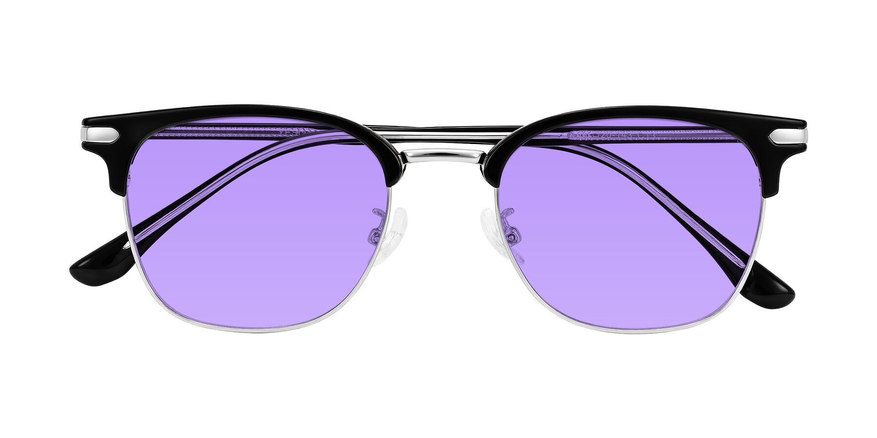 Folded Front of Raguti in Black/Silver with Medium Purple Tinted Lenses