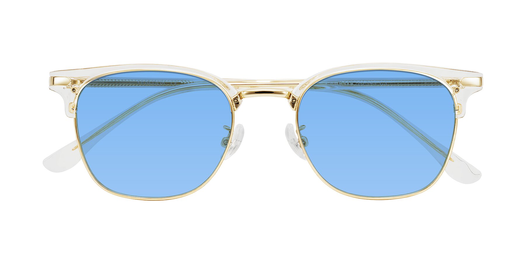 Folded Front of Raguti in Clear/Gold with Medium Blue Tinted Lenses