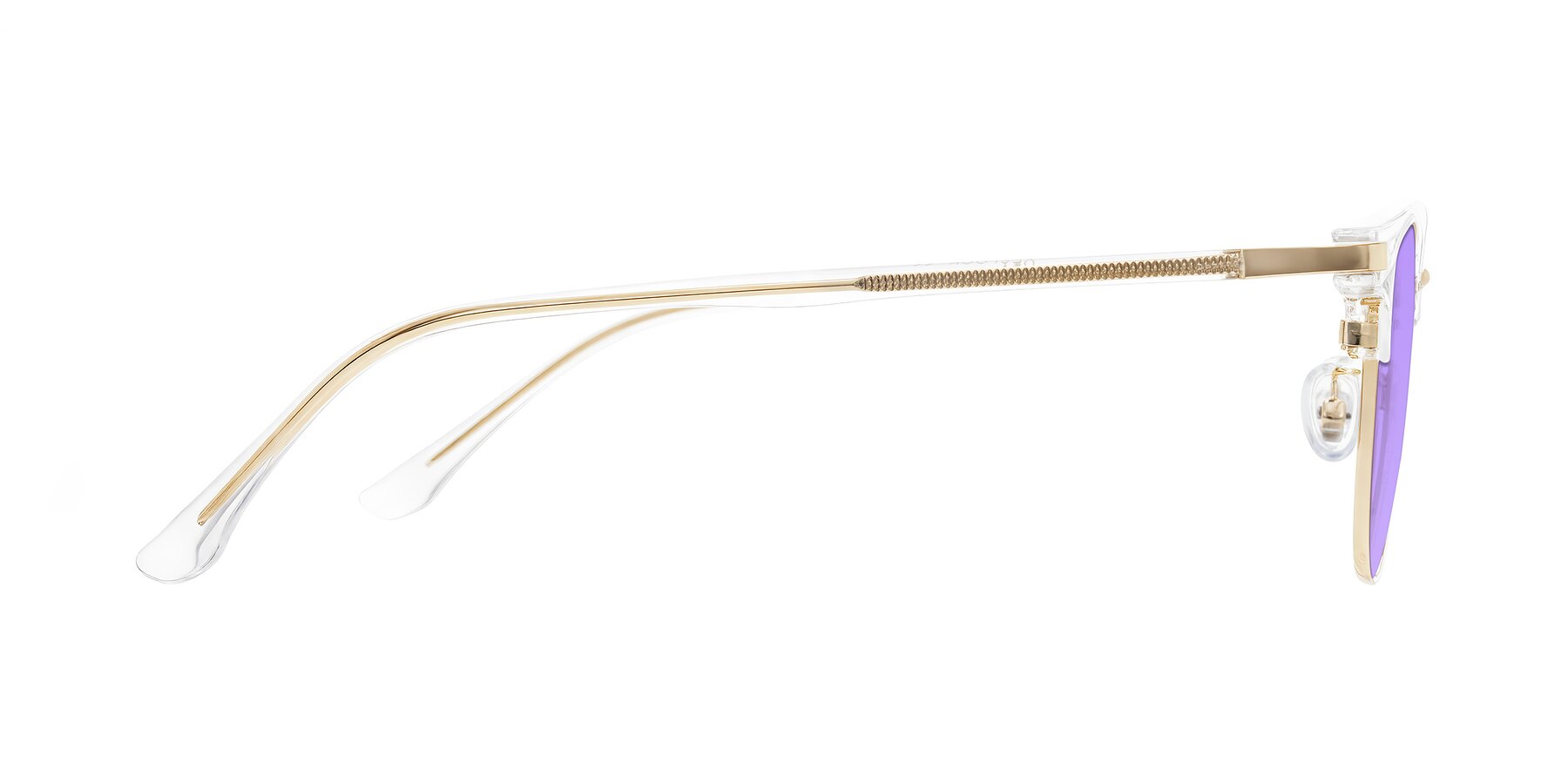 Side of Raguti in Clear/Gold with Medium Purple Tinted Lenses