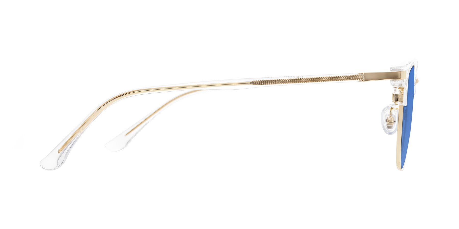 Side of Raguti in Clear/Gold with Blue Tinted Lenses