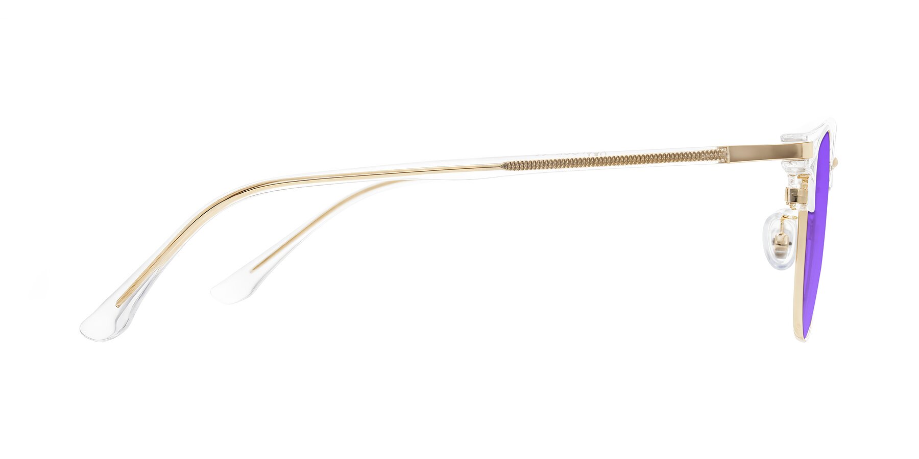 Side of Raguti in Clear/Gold with Purple Tinted Lenses