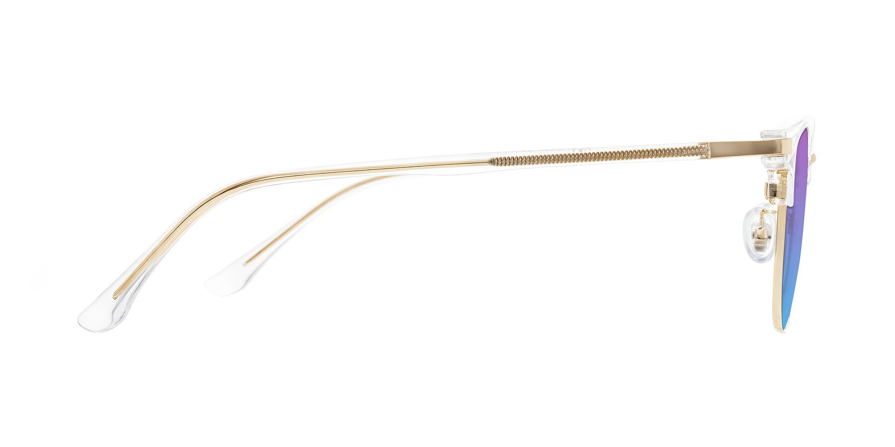 Side of Raguti in Clear/Gold with Purple / Blue Gradient Lenses