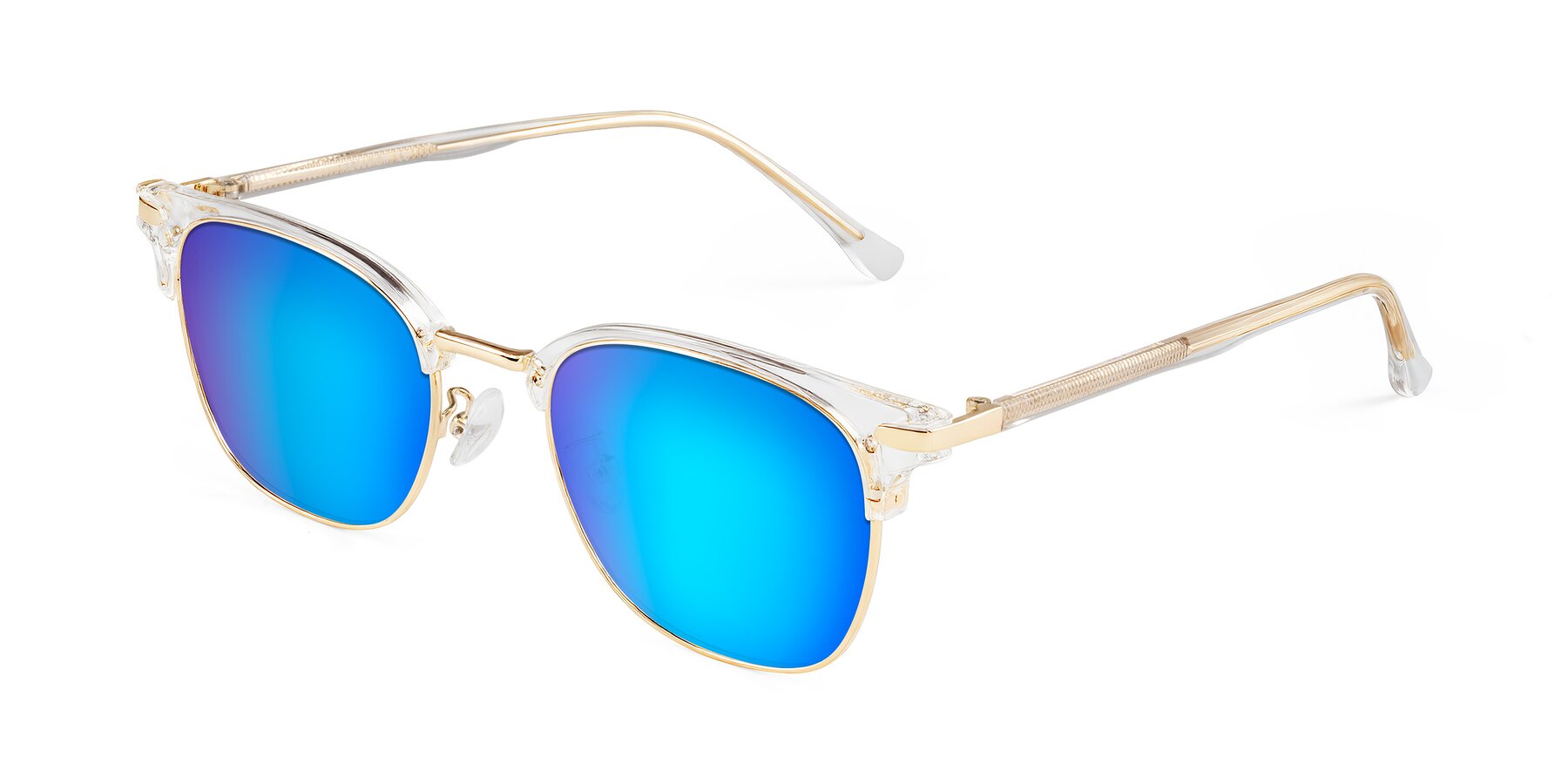 Angle of Raguti in Clear/Gold with Blue Mirrored Lenses