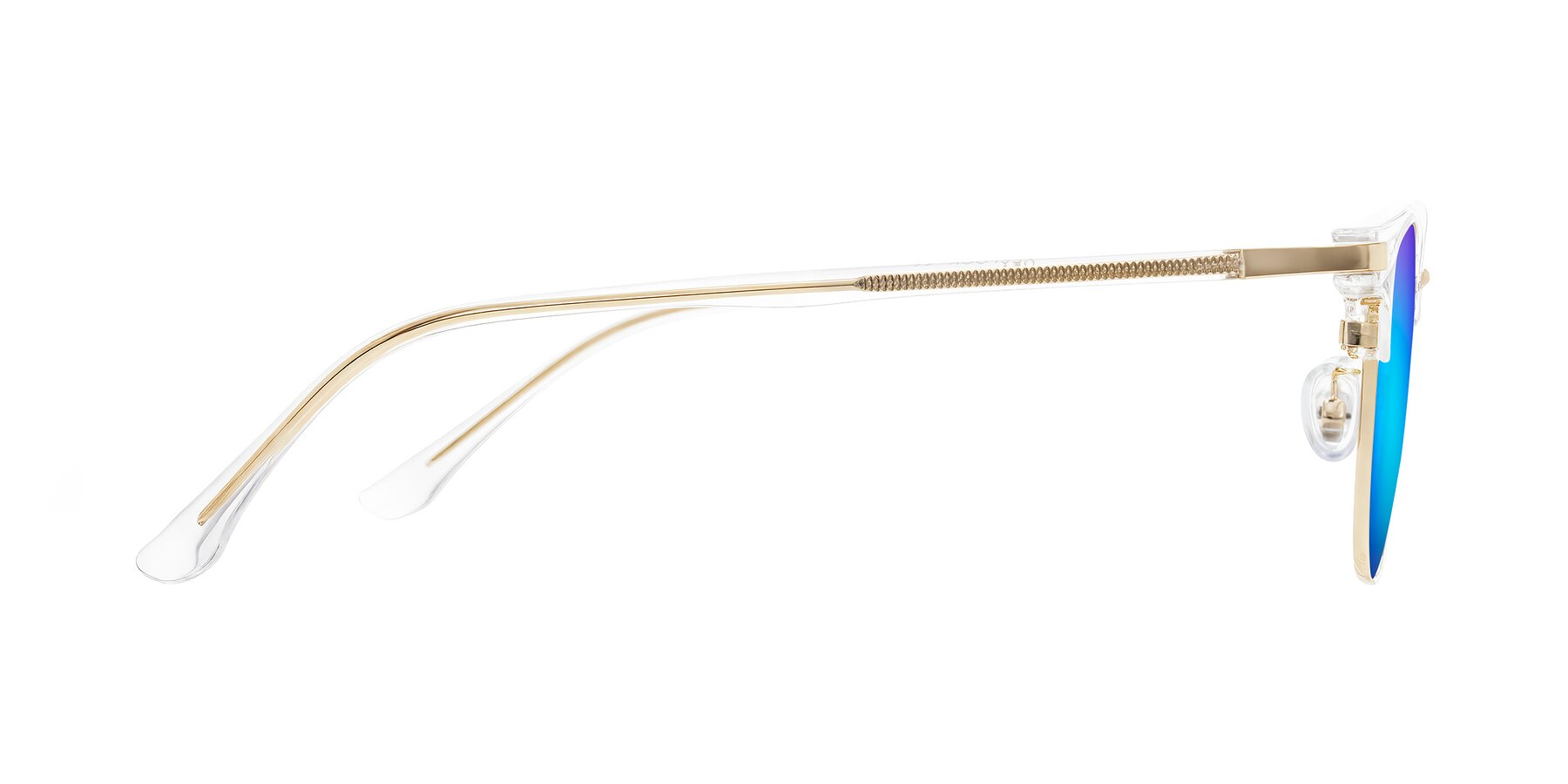 Side of Raguti in Clear/Gold with Blue Mirrored Lenses