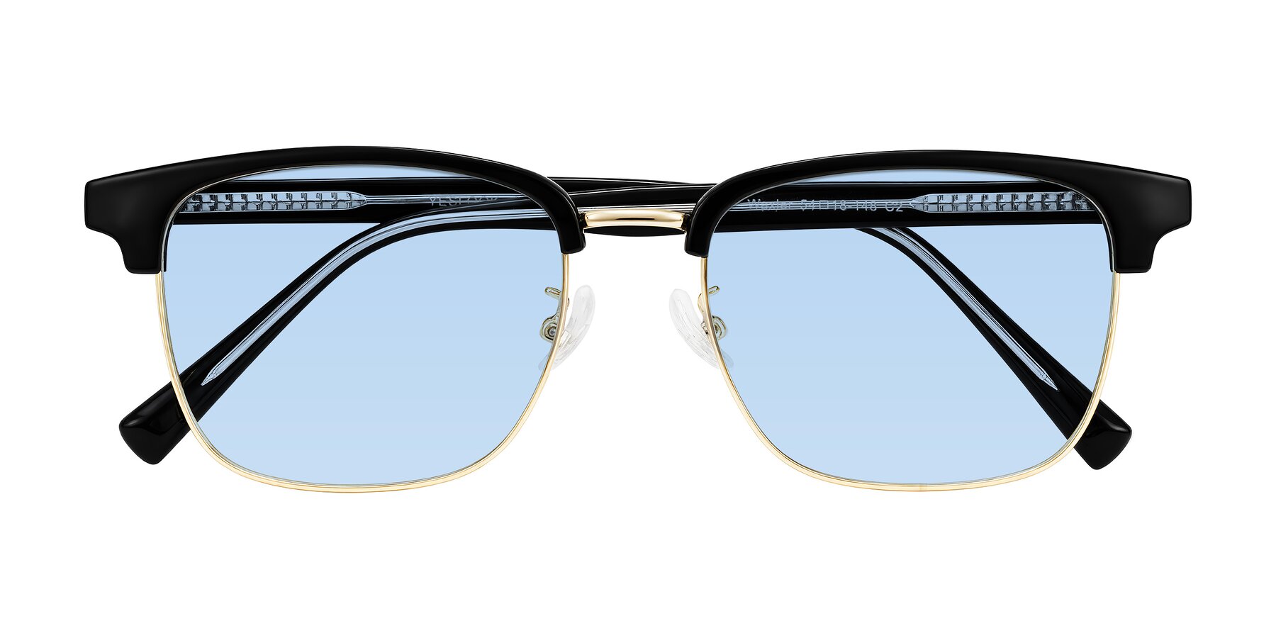 Folded Front of Waxler in Black/Gold with Light Blue Tinted Lenses