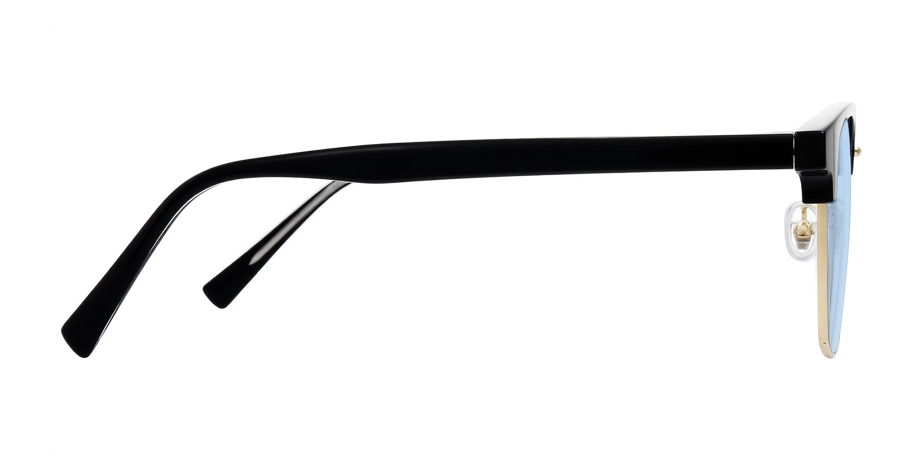 Side of Waxler in Black/Gold with Light Blue Tinted Lenses