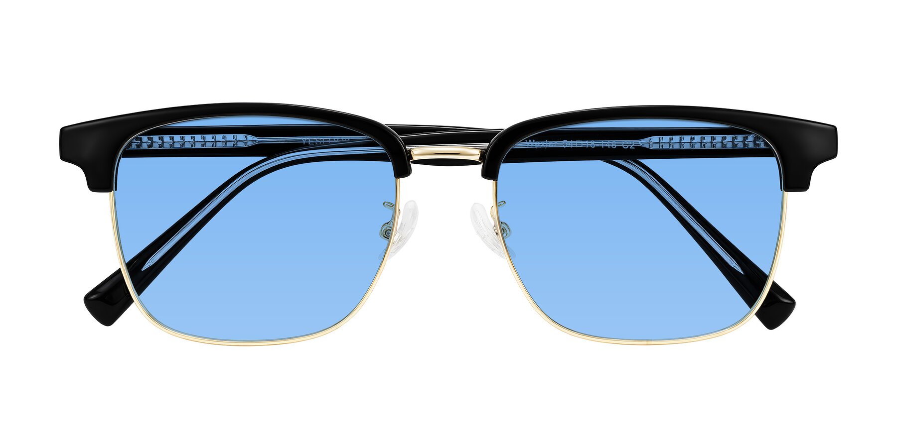 Folded Front of Waxler in Black/Gold with Medium Blue Tinted Lenses