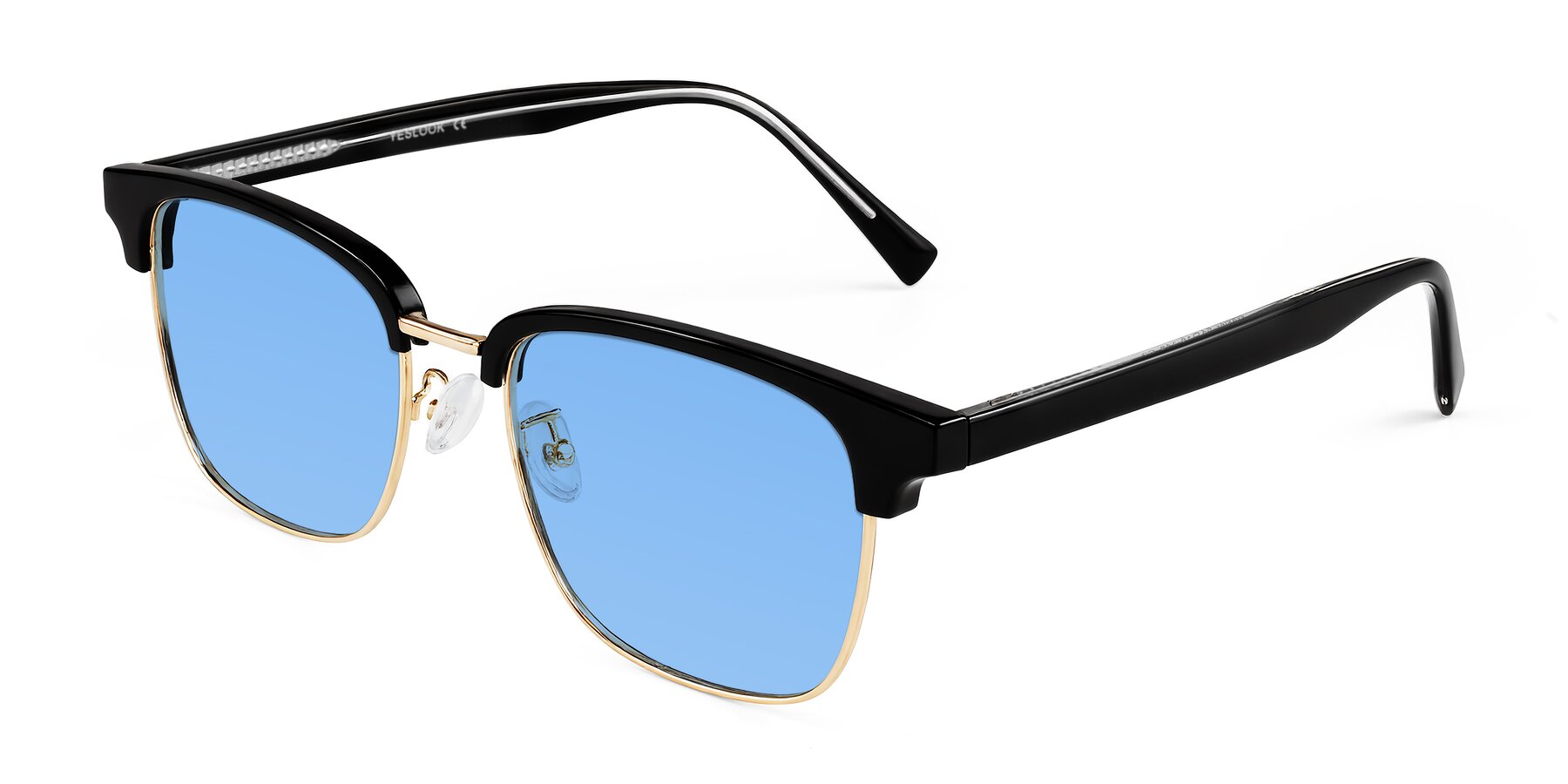 Angle of Waxler in Black/Gold with Medium Blue Tinted Lenses