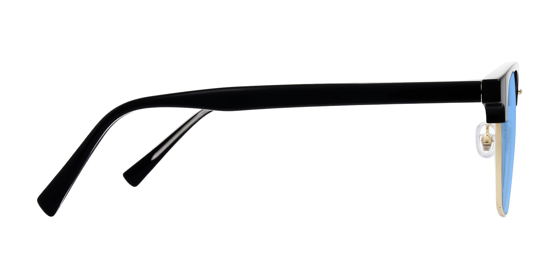 Side of Waxler in Black/Gold with Medium Blue Tinted Lenses