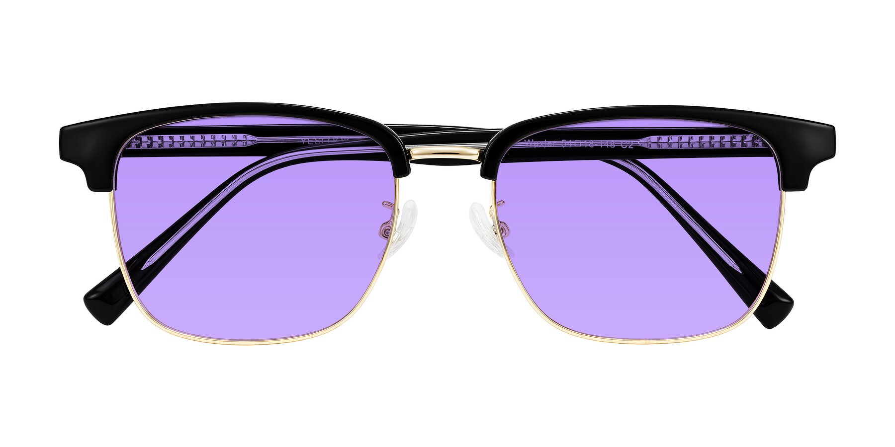 Folded Front of Waxler in Black/Gold with Medium Purple Tinted Lenses