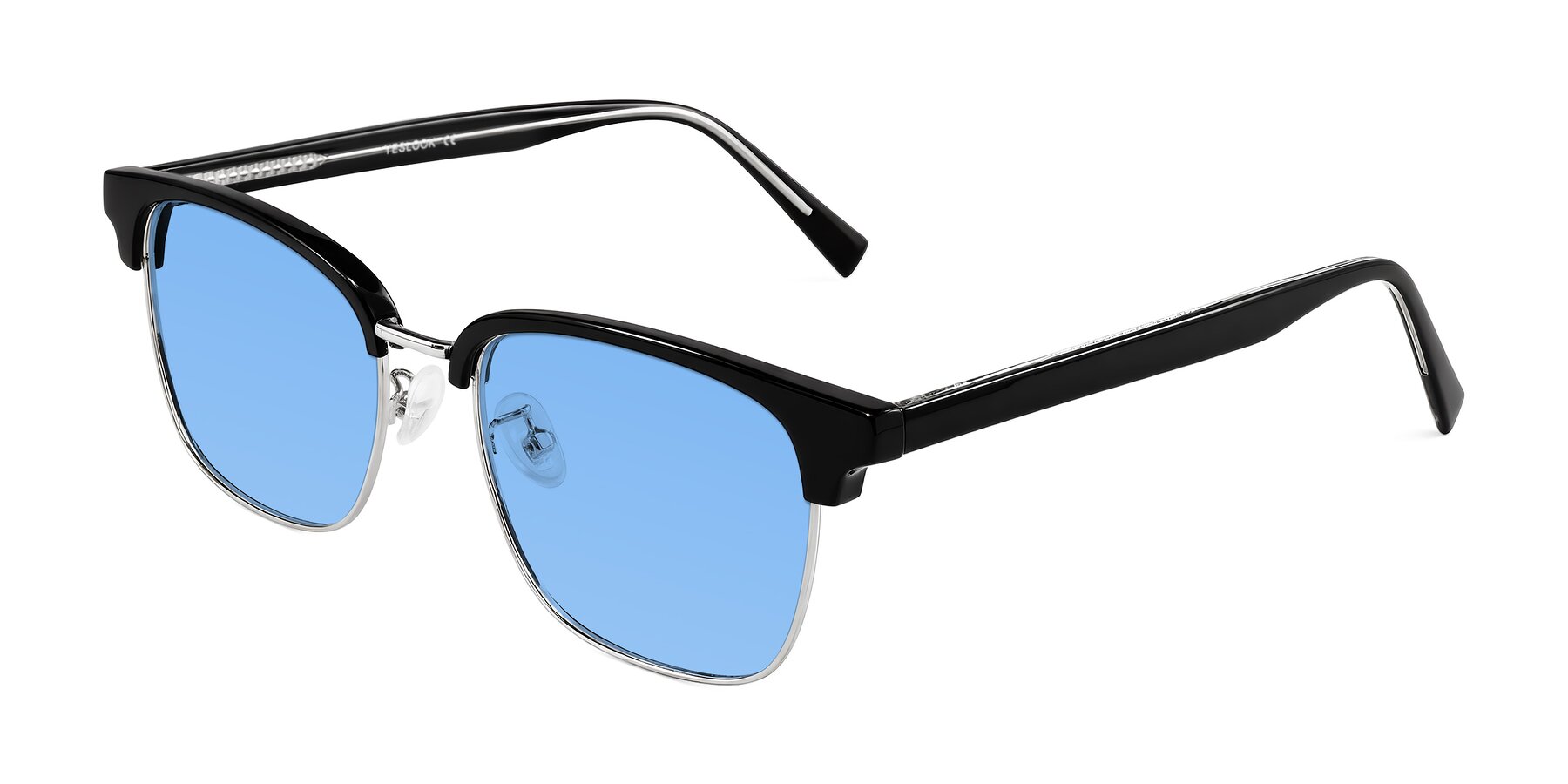 Angle of Waxler in Black/Silver with Medium Blue Tinted Lenses