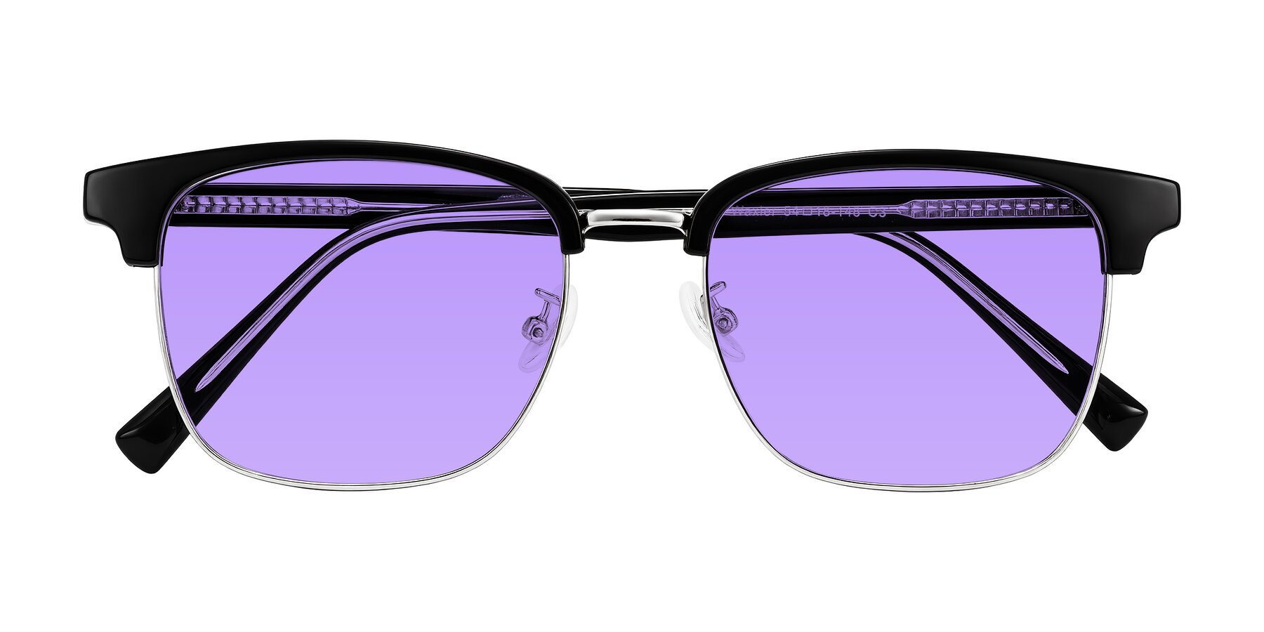 Folded Front of Waxler in Black/Silver with Medium Purple Tinted Lenses