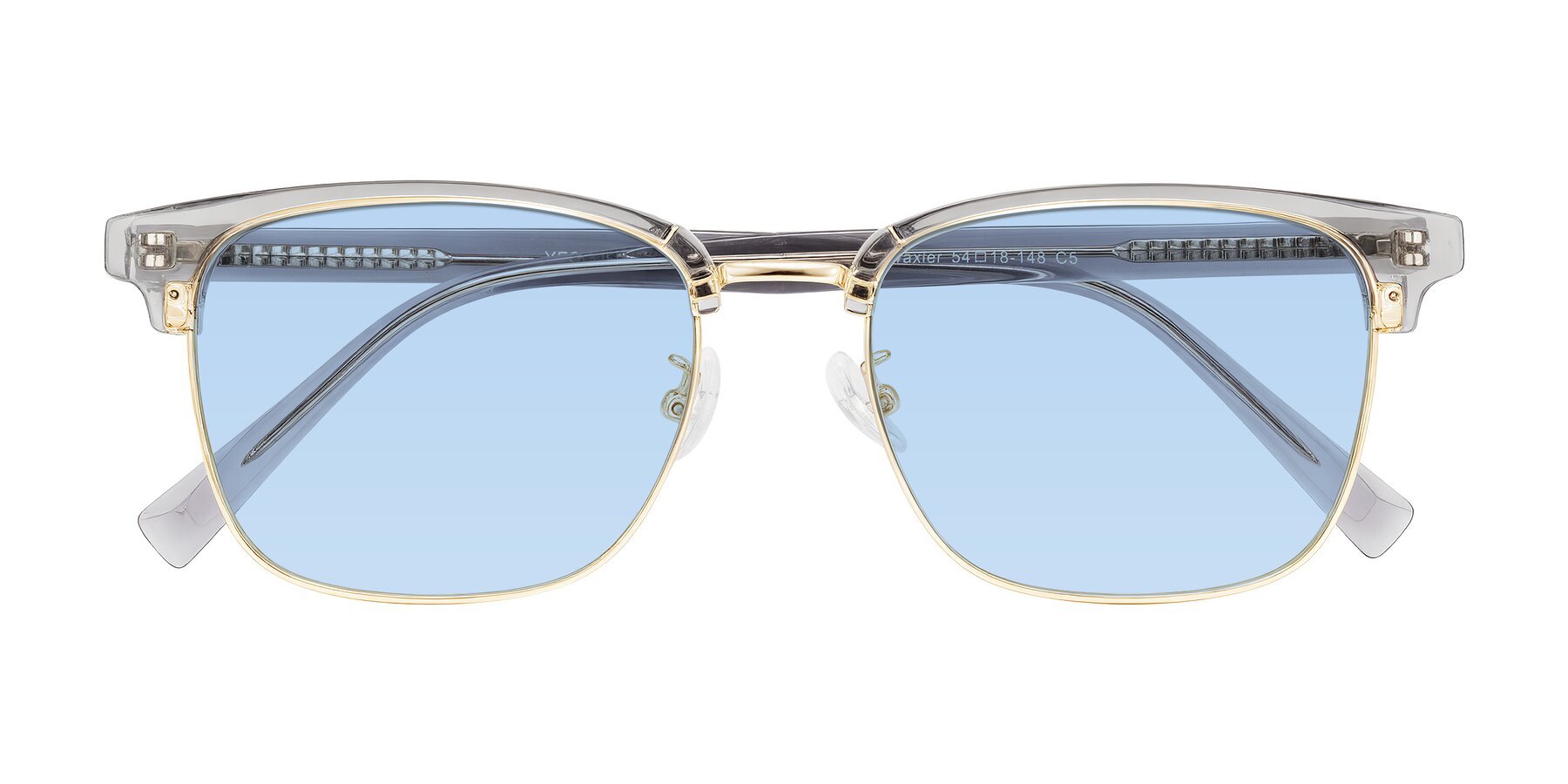 Folded Front of Waxler in Crystal Gray/Gold with Light Blue Tinted Lenses