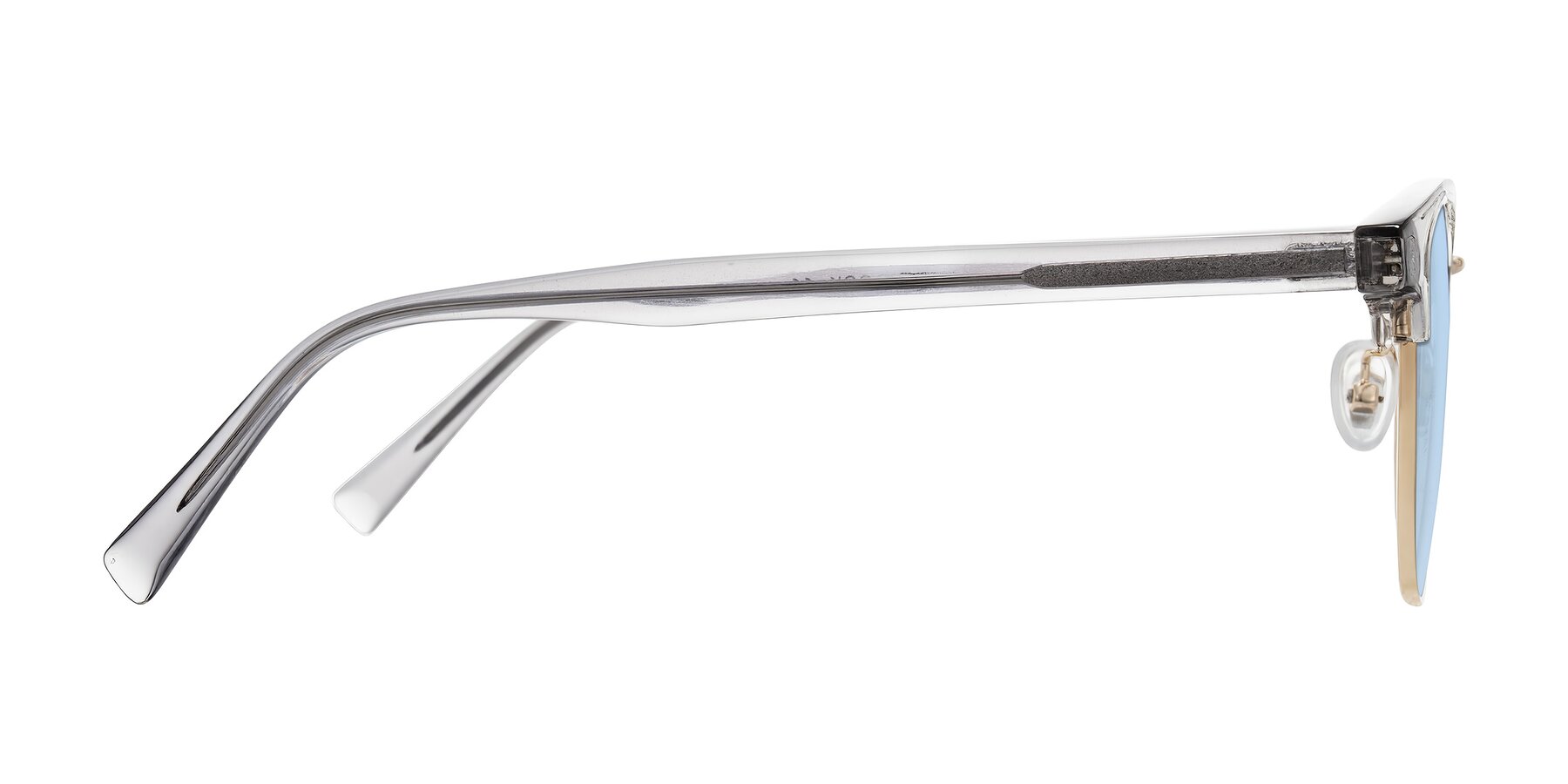 Side of Waxler in Crystal Gray/Gold with Light Blue Tinted Lenses