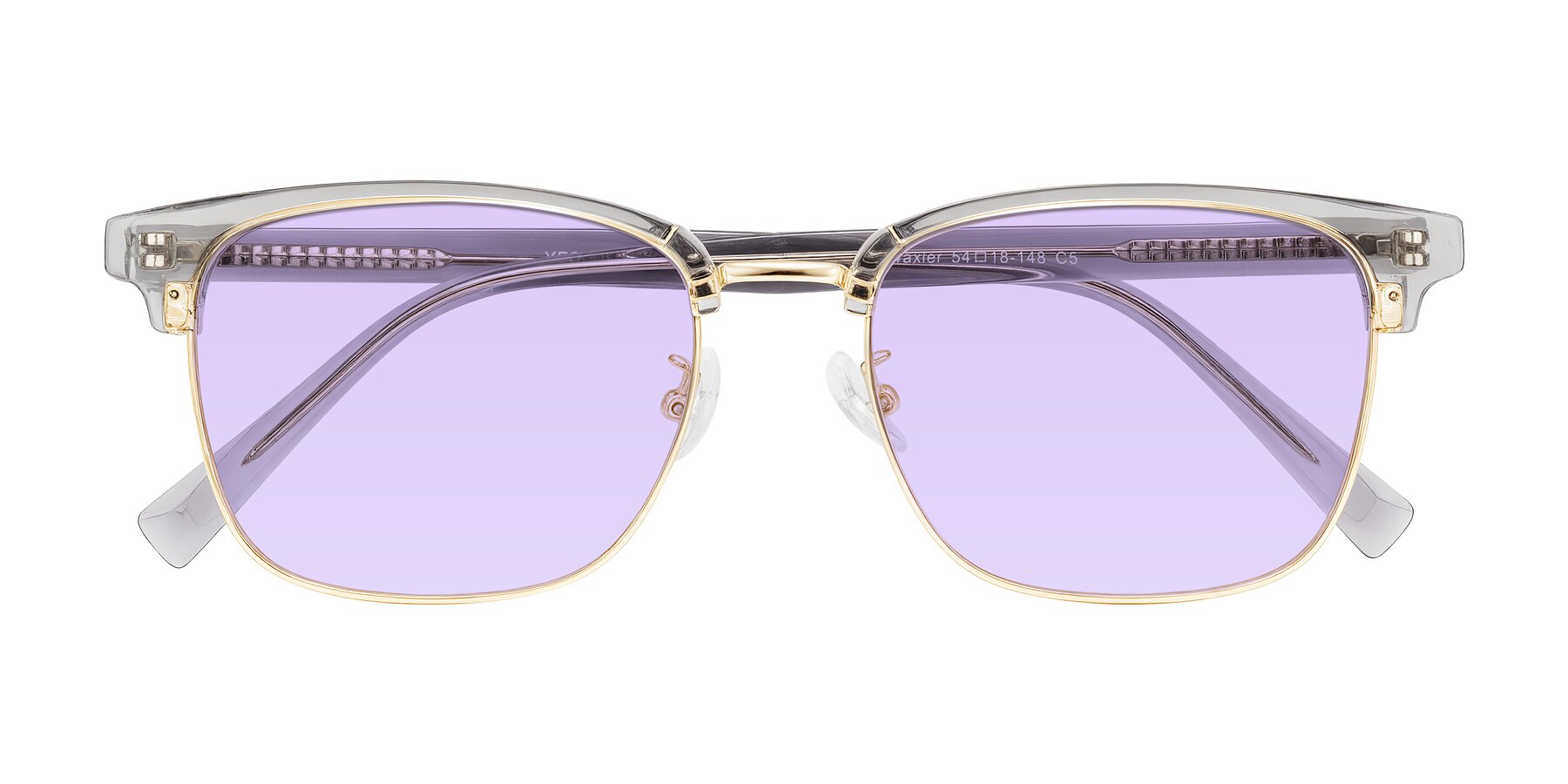 Folded Front of Waxler in Crystal Gray/Gold with Light Purple Tinted Lenses