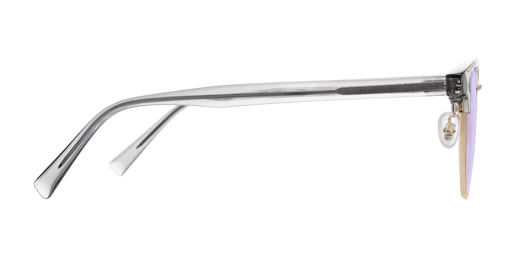 Side of Waxler in Crystal Gray/Gold with Light Purple Tinted Lenses