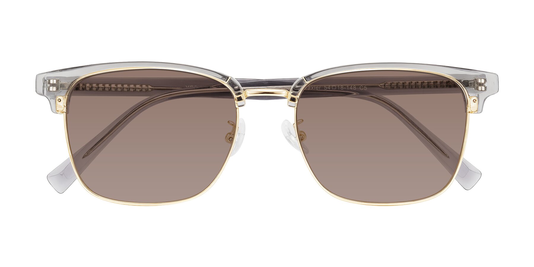 Folded Front of Waxler in Crystal Gray/Gold with Medium Brown Tinted Lenses