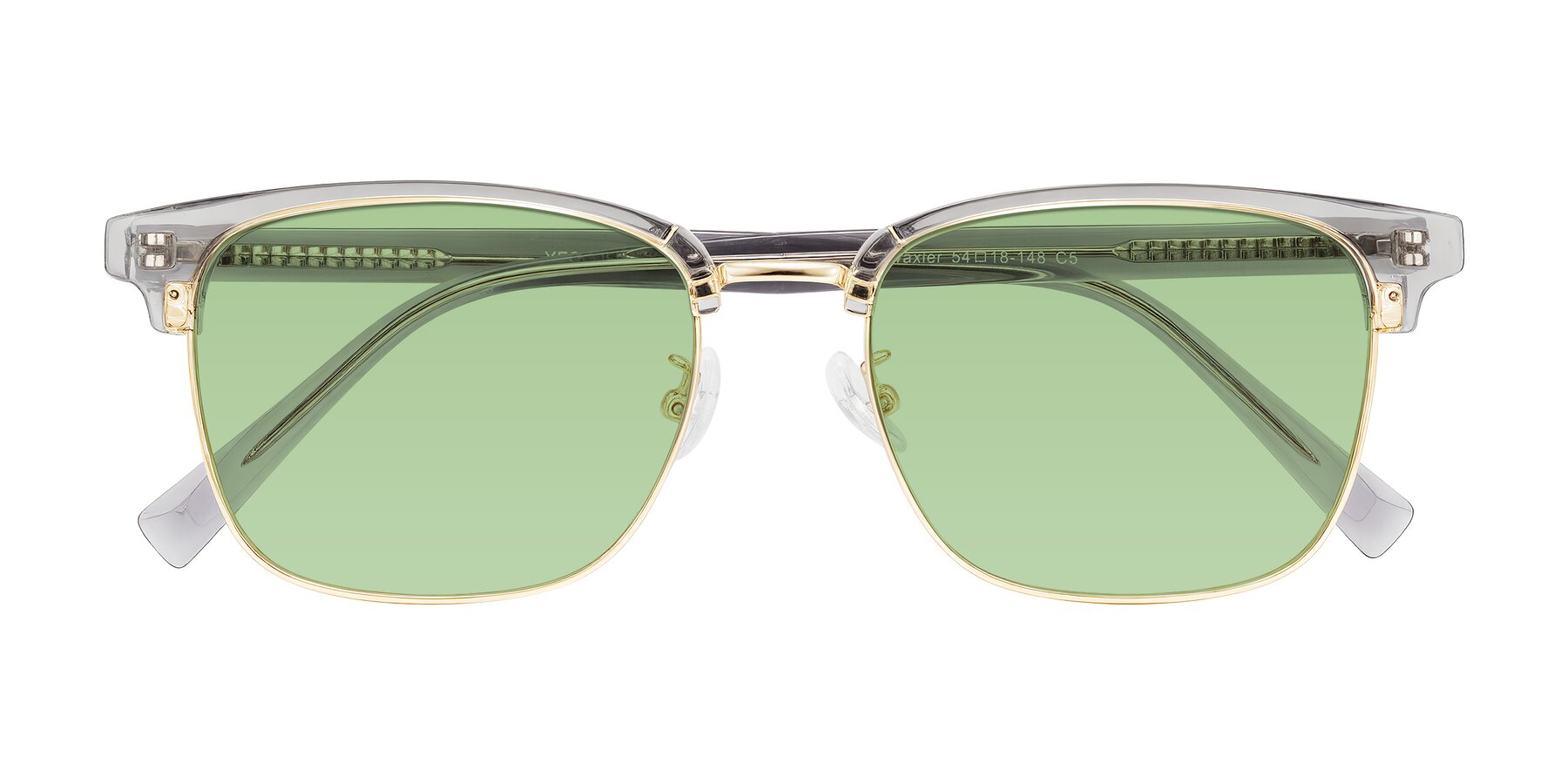 Folded Front of Waxler in Crystal Gray/Gold with Medium Green Tinted Lenses