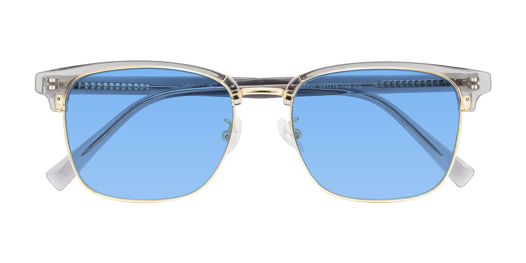 Folded Front of Waxler in Crystal Gray/Gold with Medium Blue Tinted Lenses
