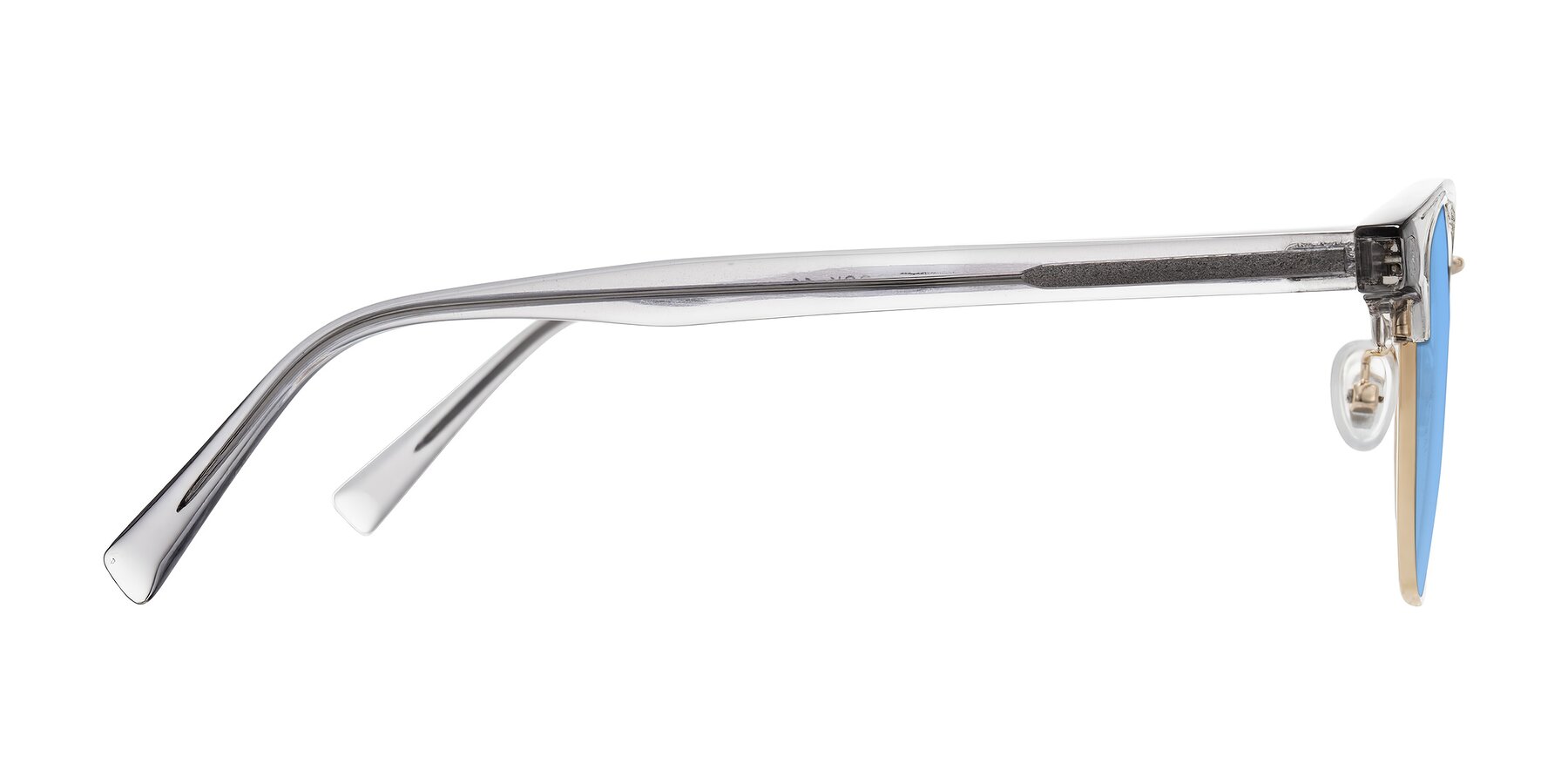 Side of Waxler in Crystal Gray/Gold with Medium Blue Tinted Lenses
