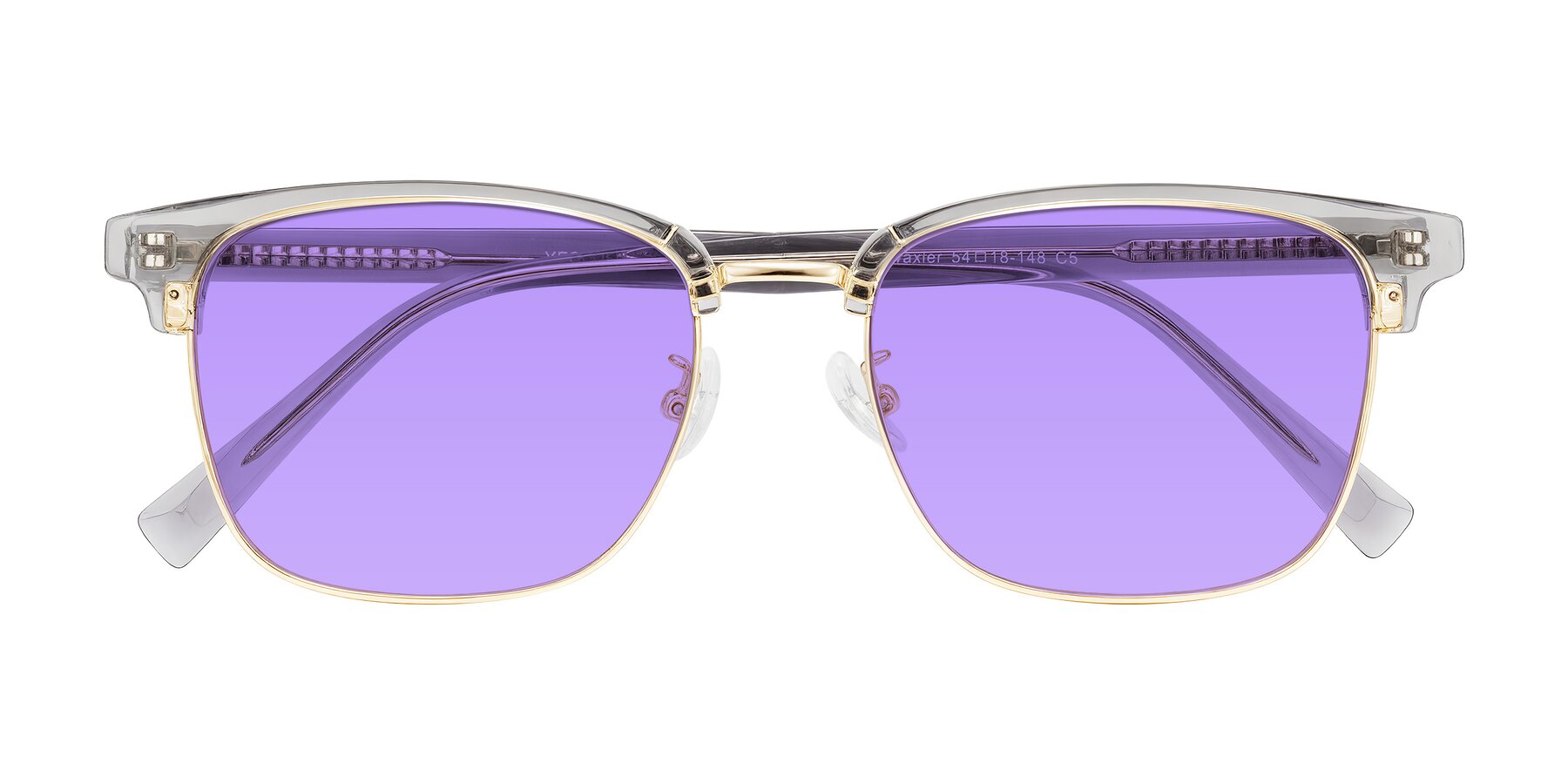 Folded Front of Waxler in Crystal Gray/Gold with Medium Purple Tinted Lenses