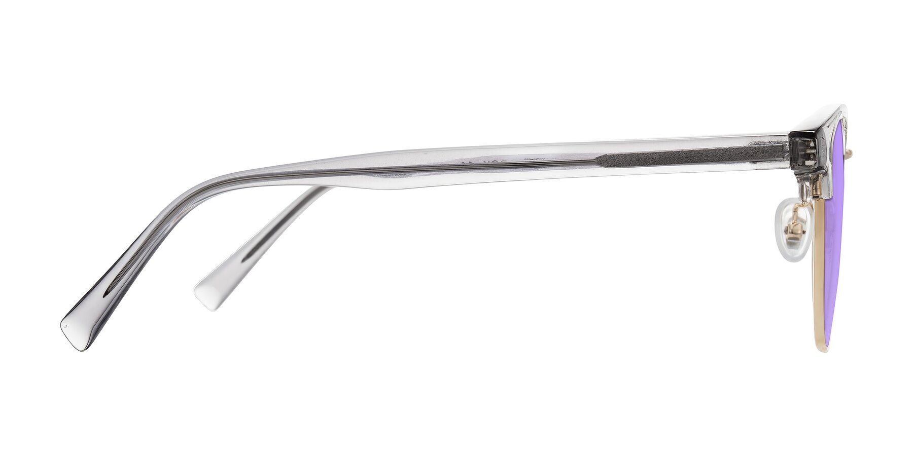 Side of Waxler in Crystal Gray/Gold with Medium Purple Tinted Lenses