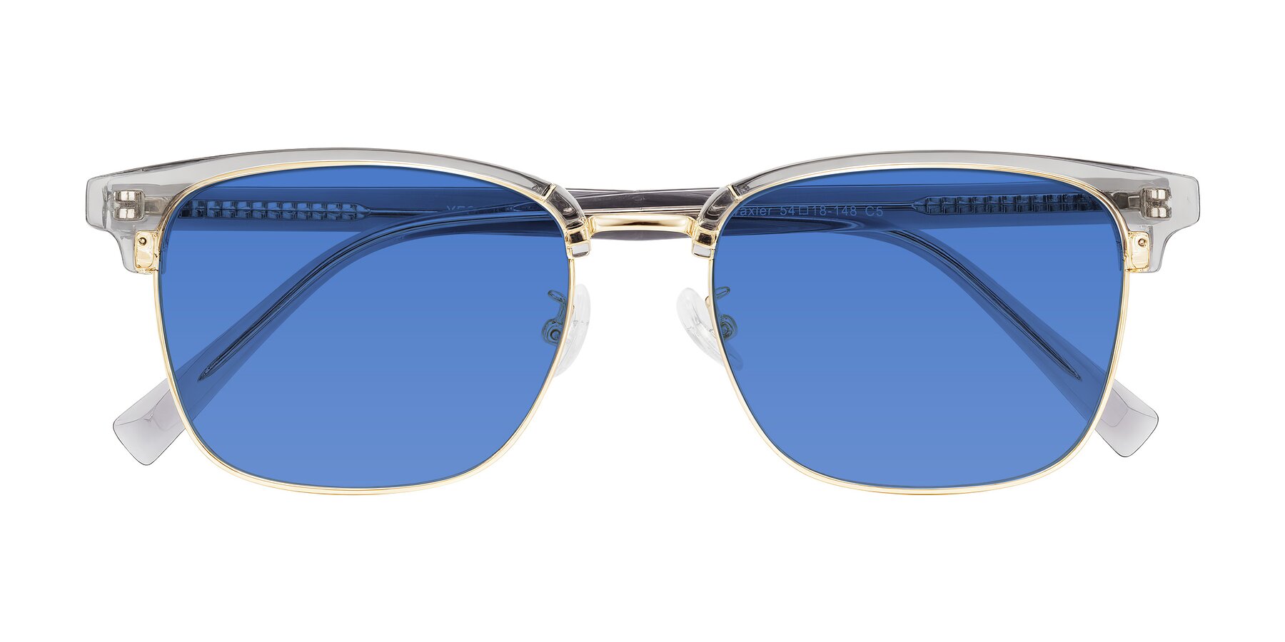 Folded Front of Waxler in Crystal Gray/Gold with Blue Tinted Lenses
