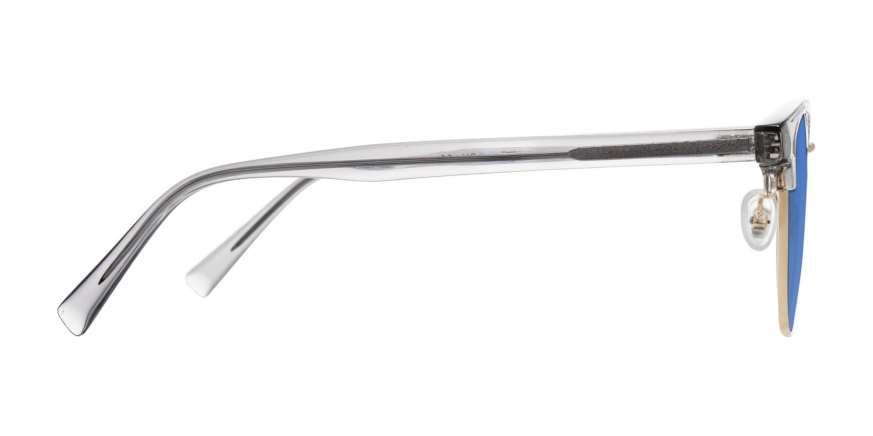 Side of Waxler in Crystal Gray/Gold with Blue Tinted Lenses