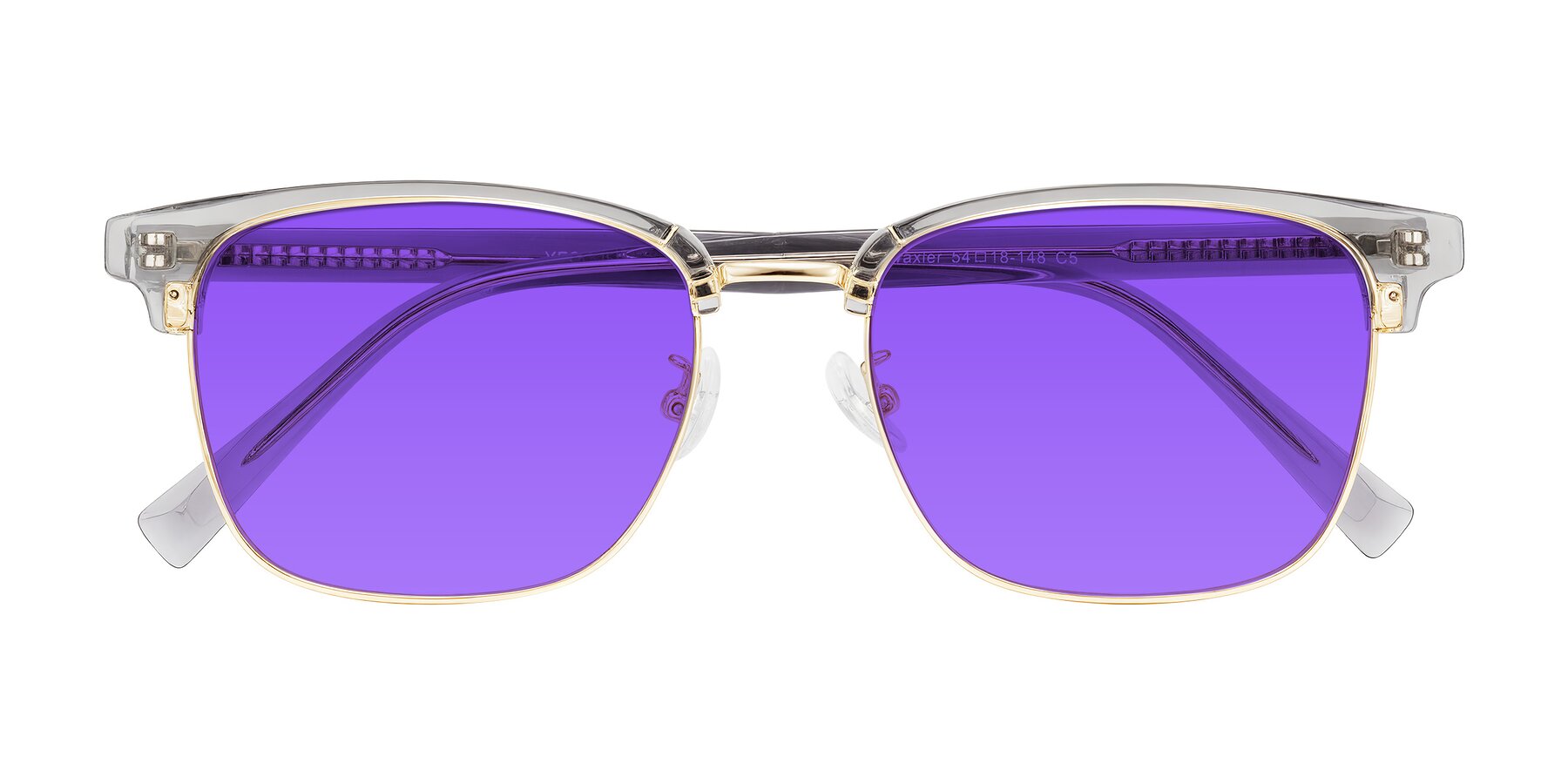 Folded Front of Waxler in Crystal Gray/Gold with Purple Tinted Lenses