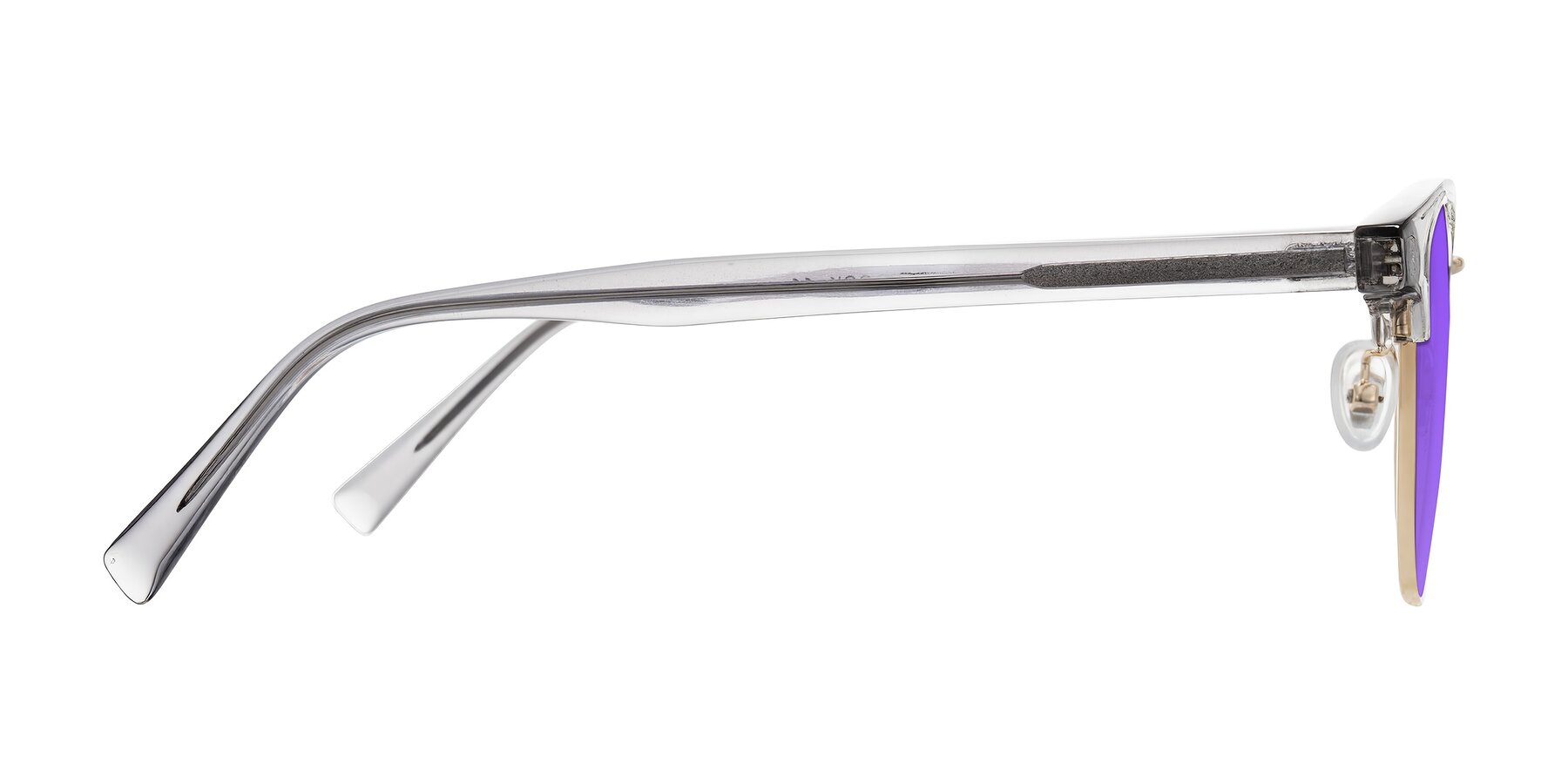 Side of Waxler in Crystal Gray/Gold with Purple Tinted Lenses