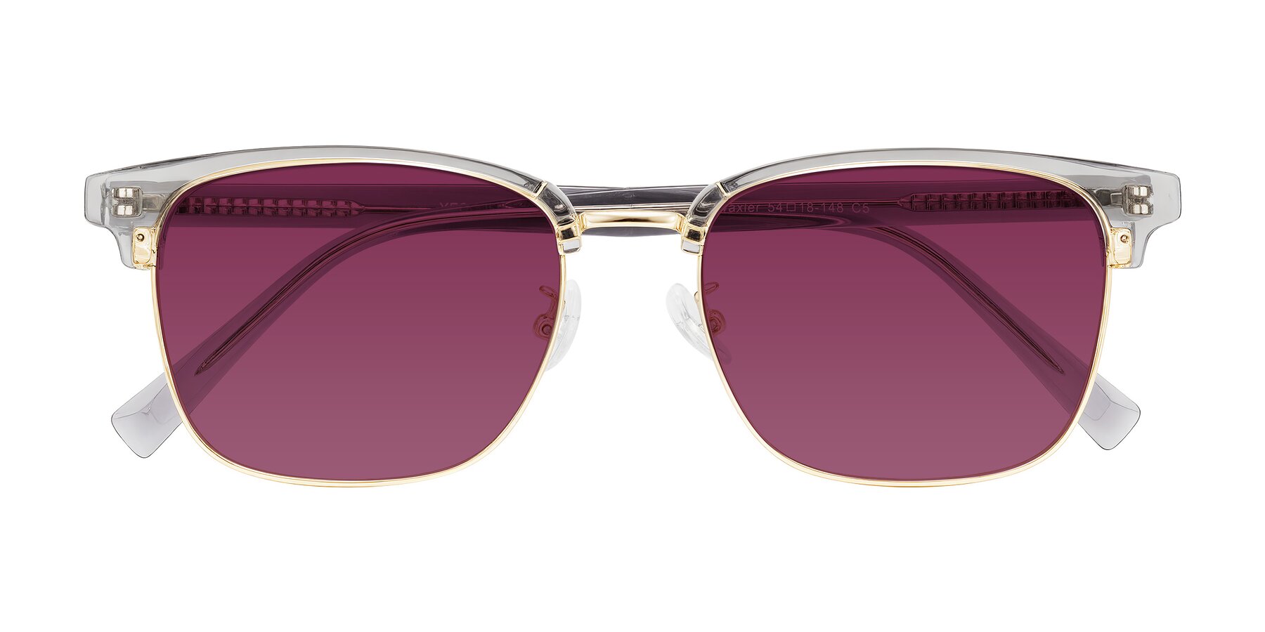 Folded Front of Waxler in Crystal Gray/Gold with Wine Tinted Lenses