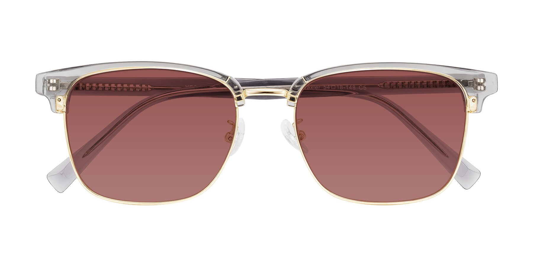 Folded Front of Waxler in Crystal Gray/Gold with Garnet Tinted Lenses