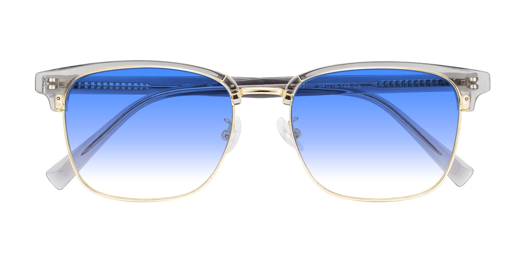 Folded Front of Waxler in Crystal Gray/Gold with Blue Gradient Lenses