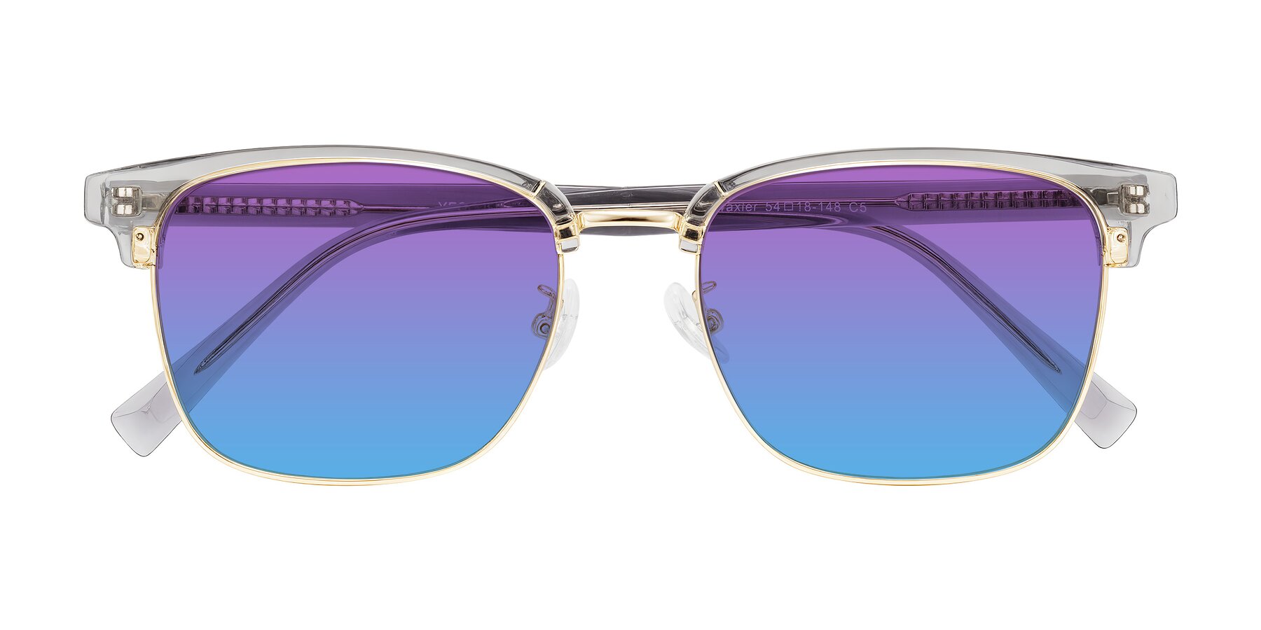 Folded Front of Waxler in Crystal Gray/Gold with Purple / Blue Gradient Lenses