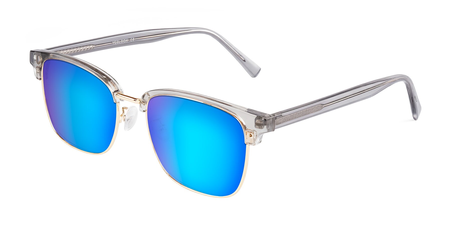 Angle of Waxler in Crystal Gray/Gold with Blue Mirrored Lenses