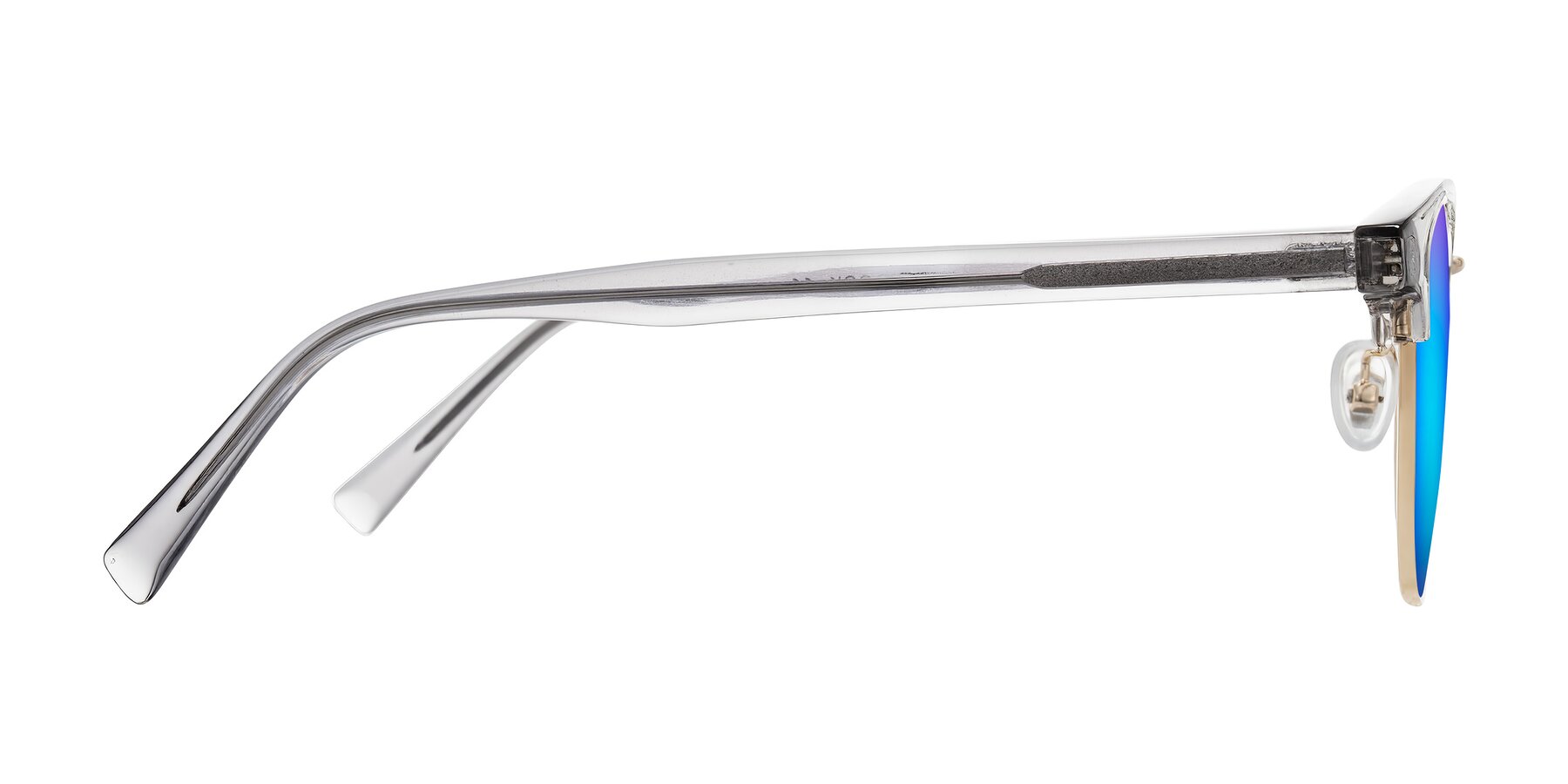 Side of Waxler in Crystal Gray/Gold with Blue Mirrored Lenses