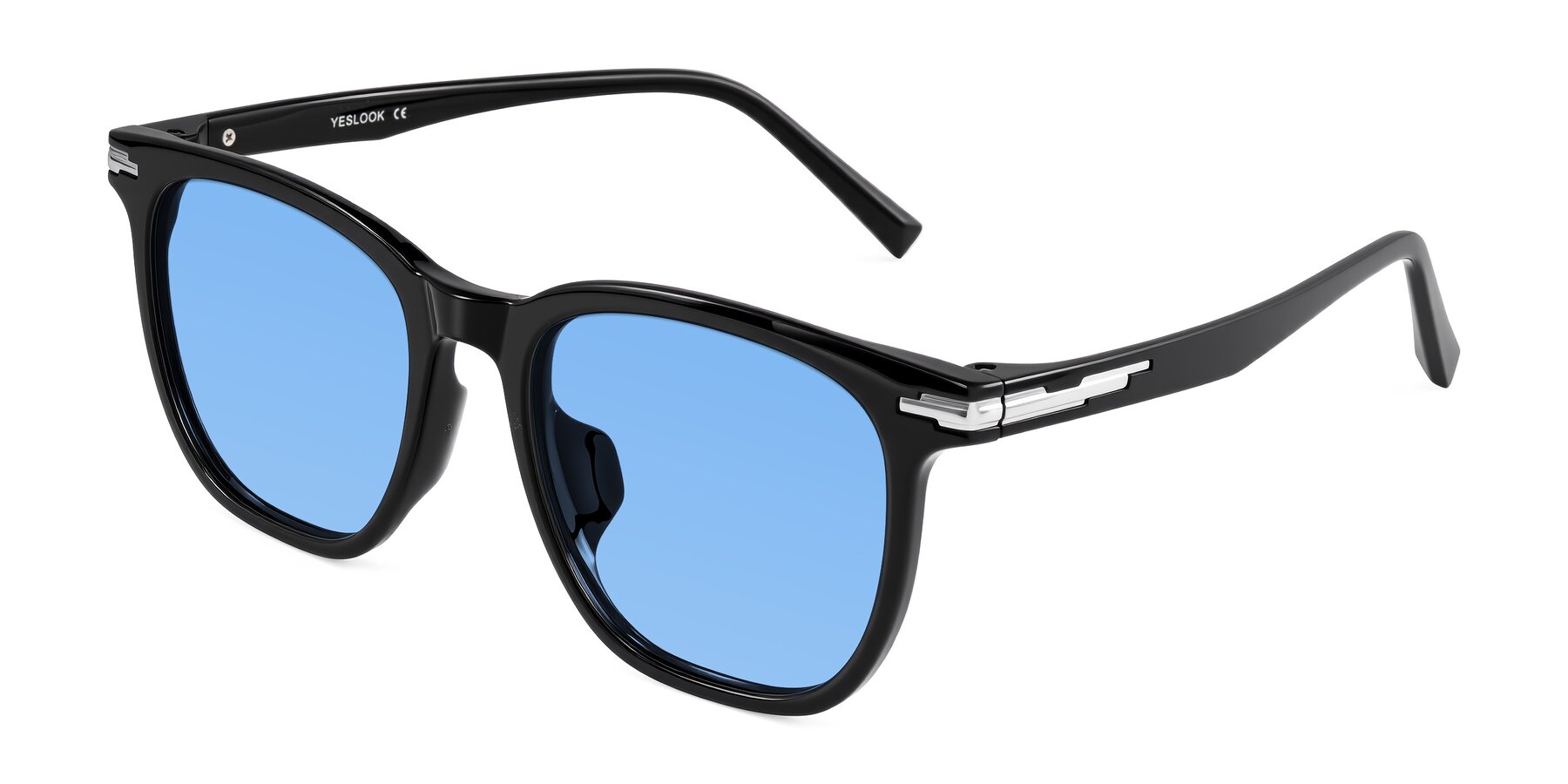Angle of Velek in Black with Medium Blue Tinted Lenses
