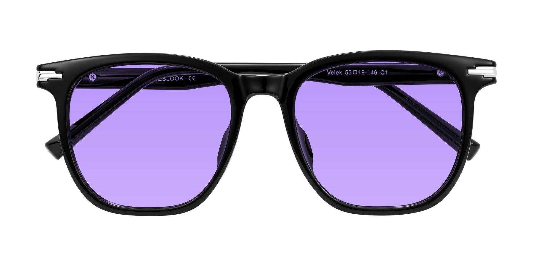 Folded Front of Velek in Black with Medium Purple Tinted Lenses