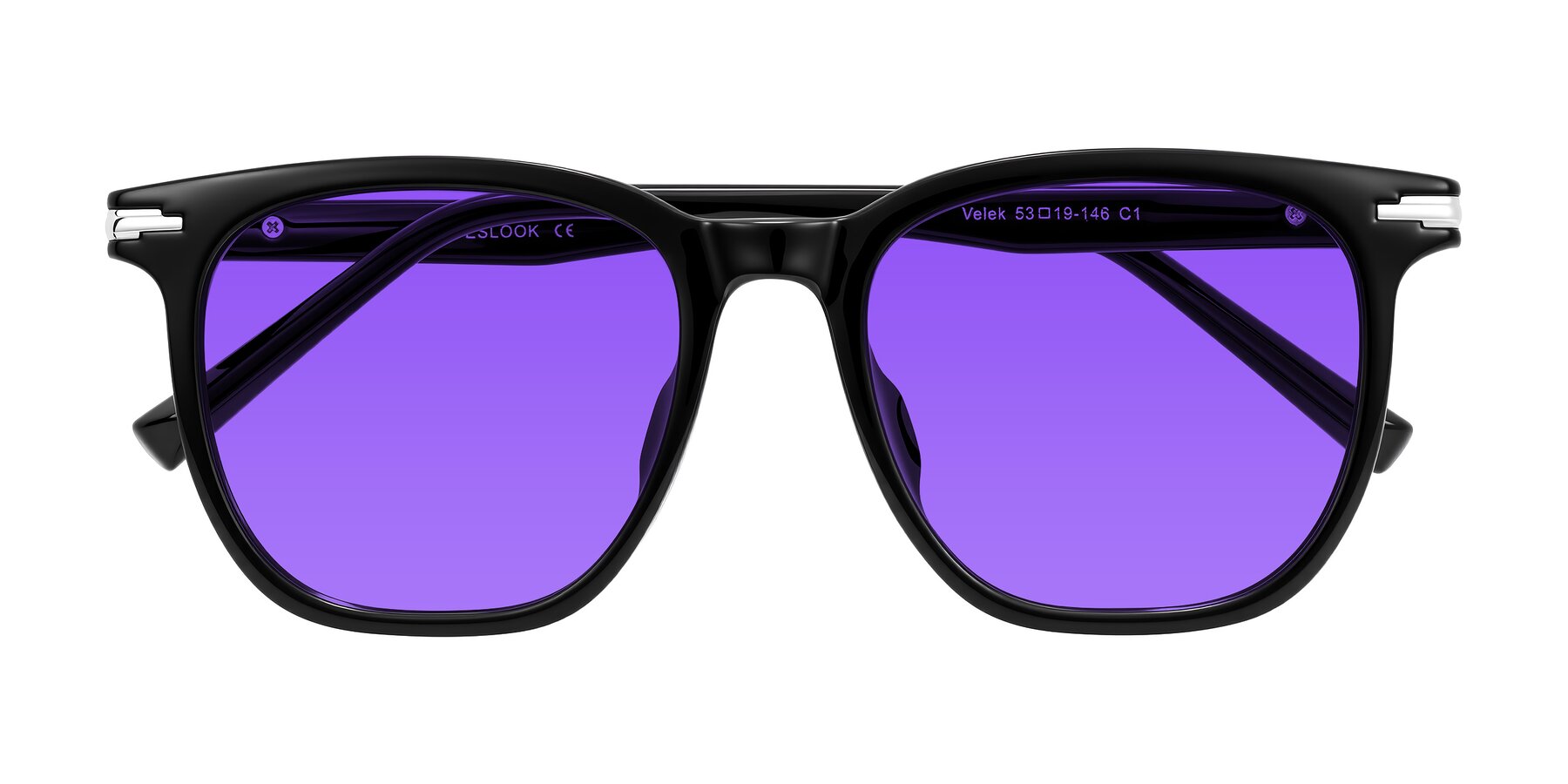 Folded Front of Velek in Black with Purple Tinted Lenses