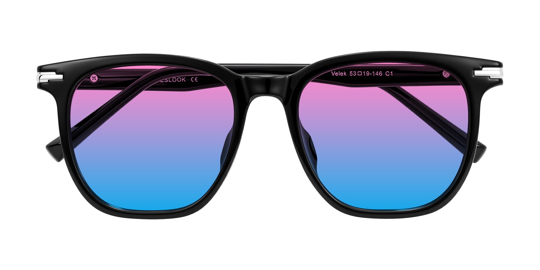 Folded Front of Velek in Black with Pink / Blue Gradient Lenses