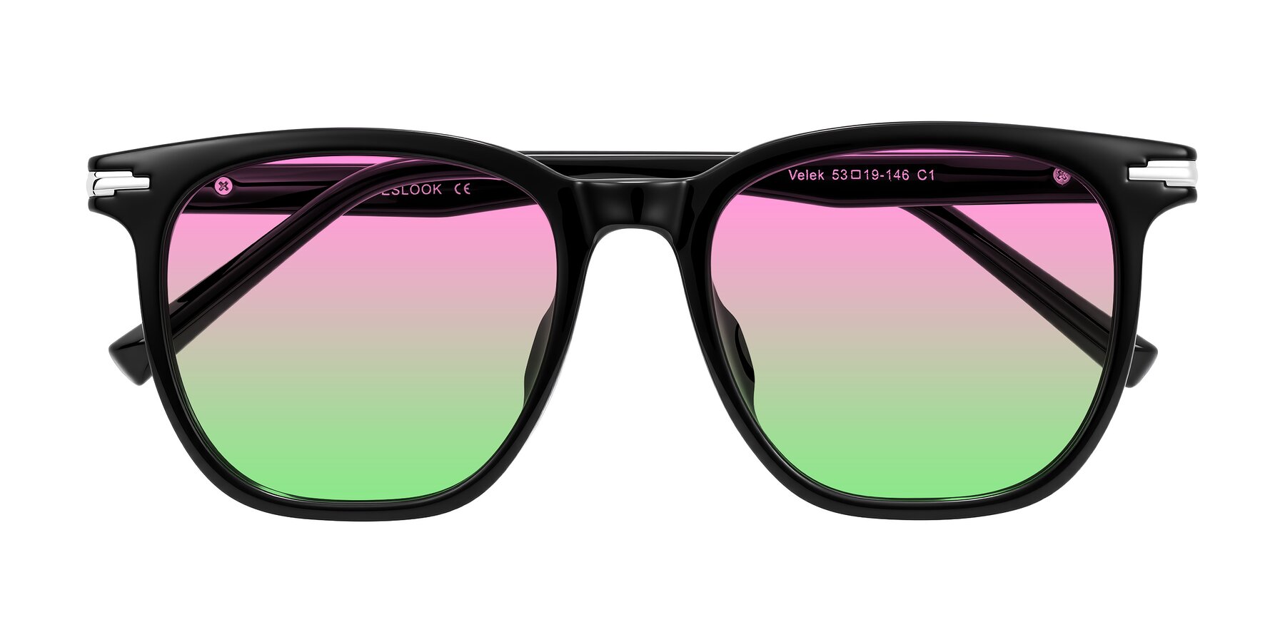 Folded Front of Velek in Black with Pink / Green Gradient Lenses