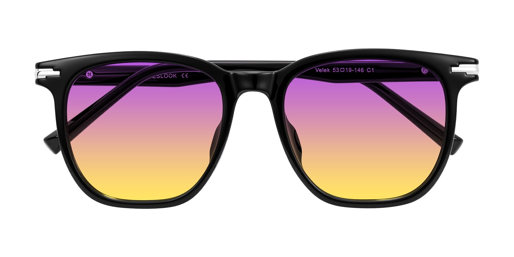Folded Front of Velek in Black with Purple / Yellow Gradient Lenses