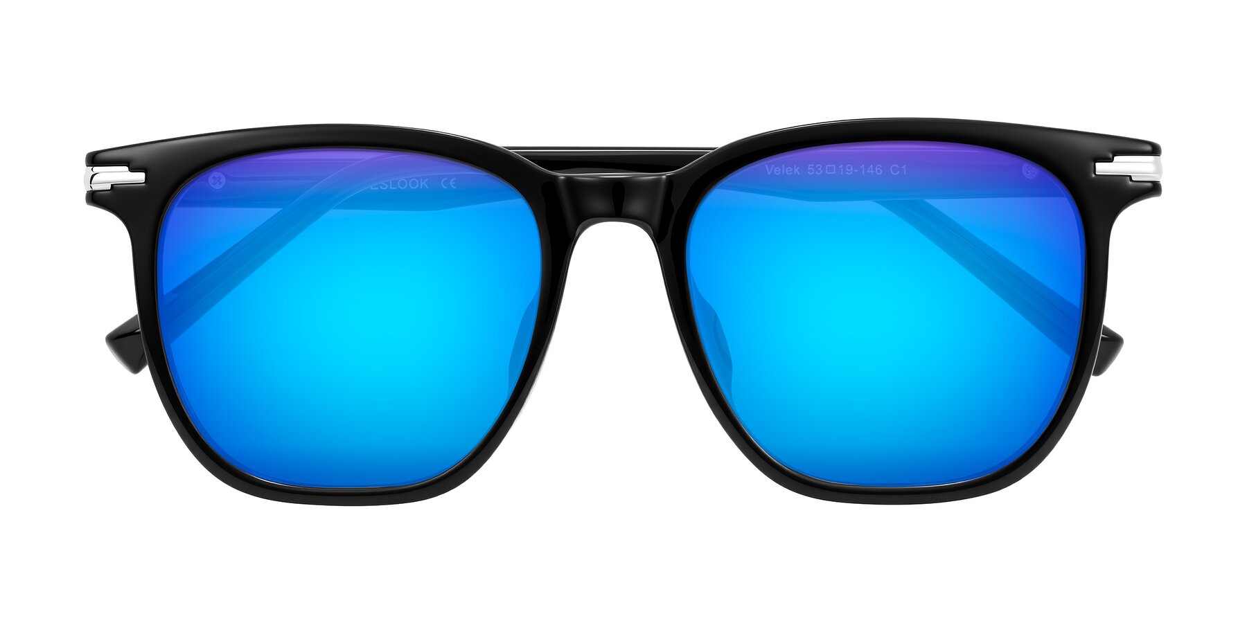 Folded Front of Velek in Black with Blue Mirrored Lenses