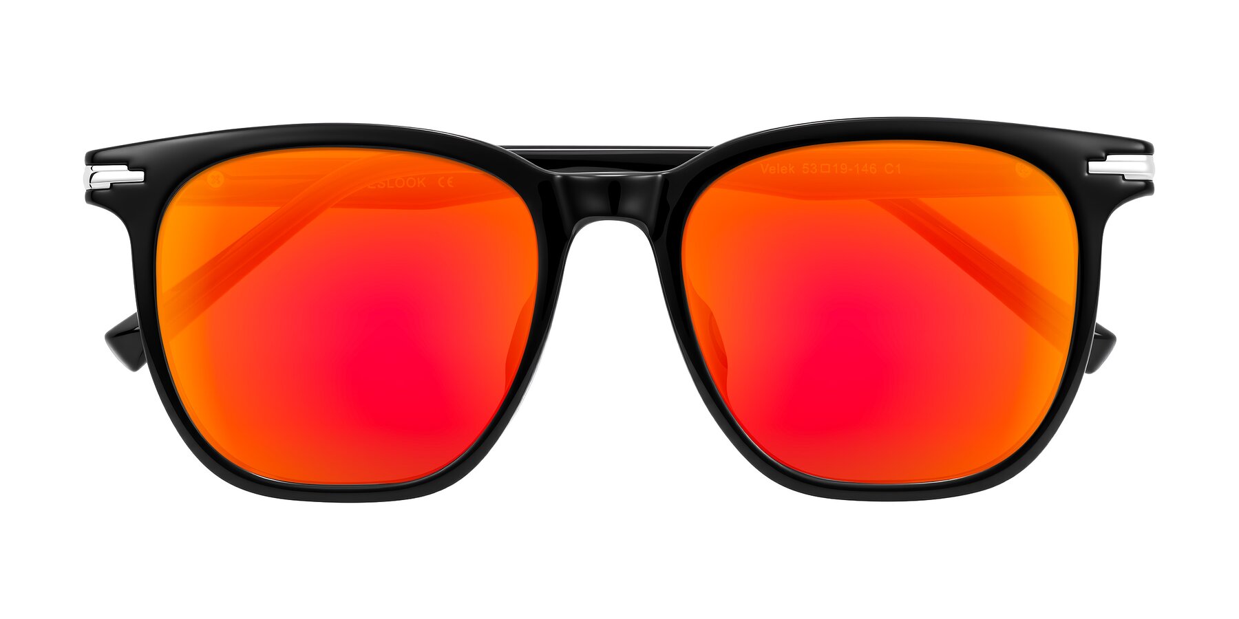 Folded Front of Velek in Black with Red Gold Mirrored Lenses